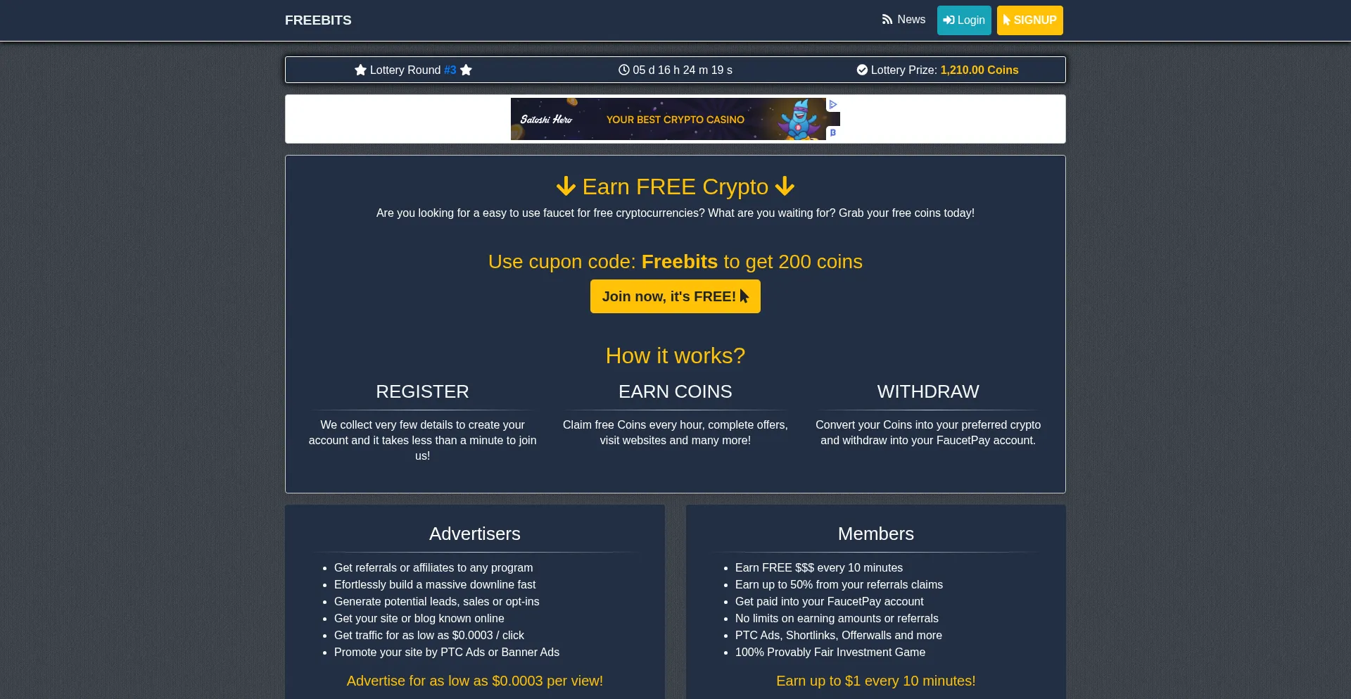 Website screenshot of Freebits.xyz