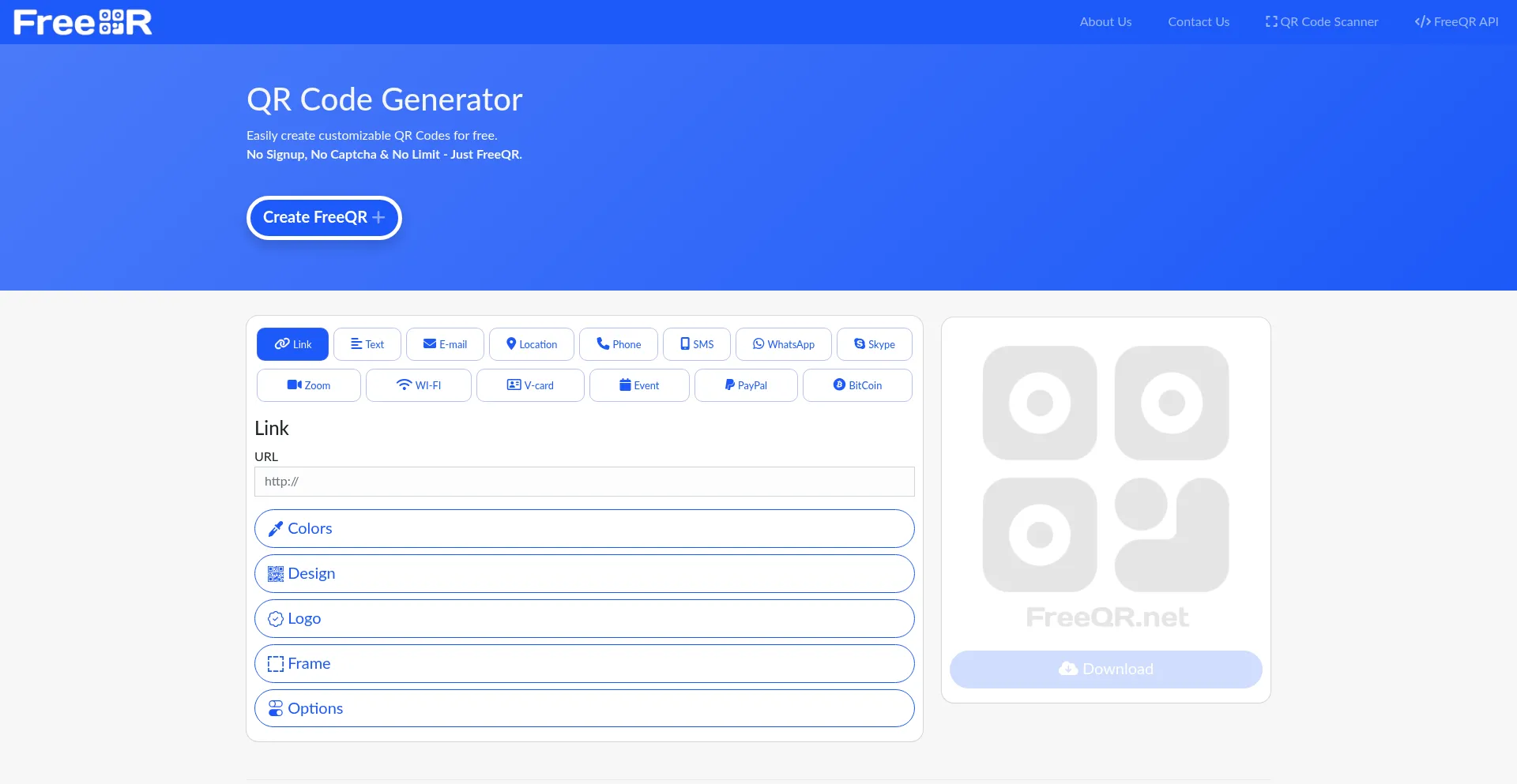 Website screenshot of Freeqr.com