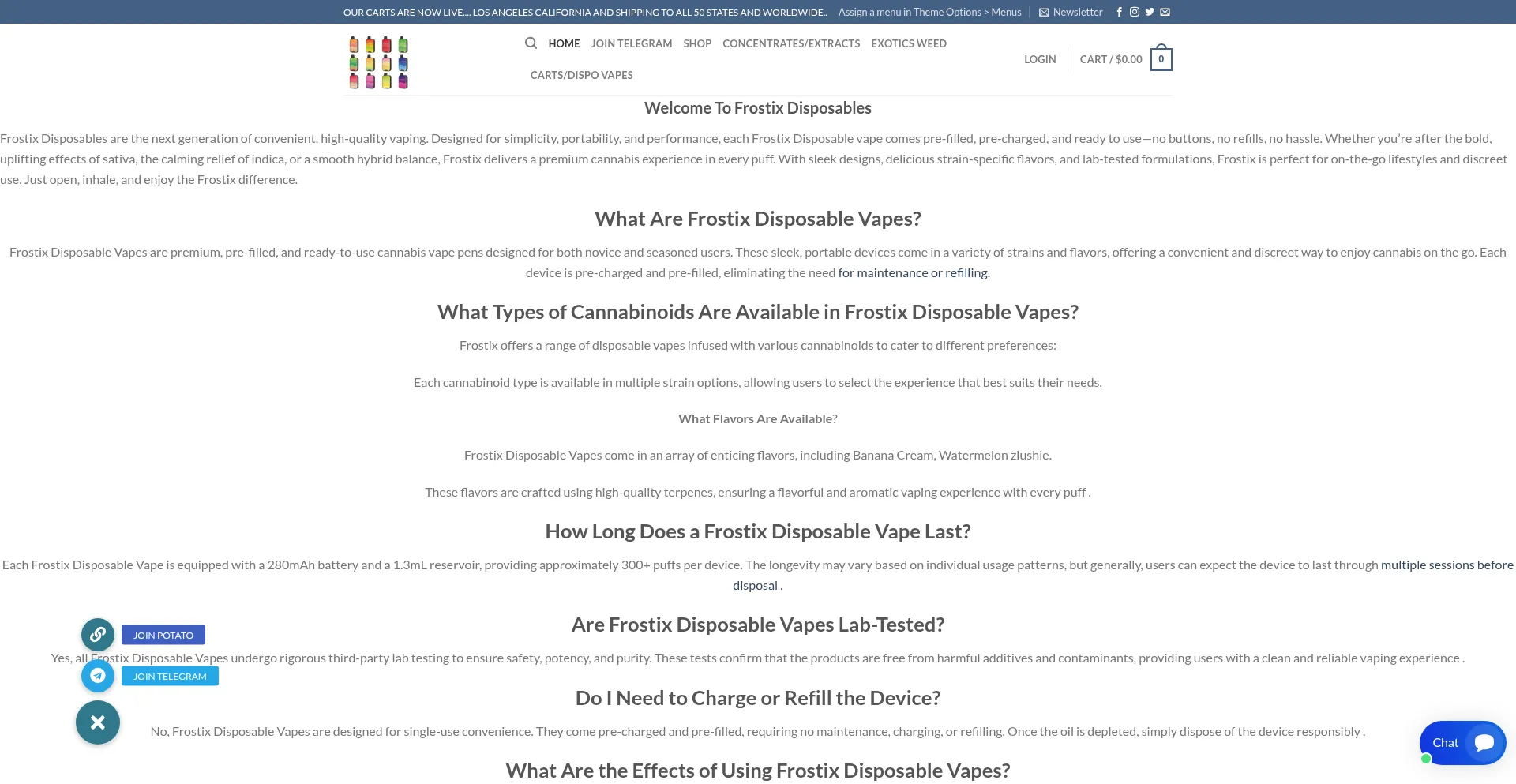 Website screenshot of Frostixdisposable.com