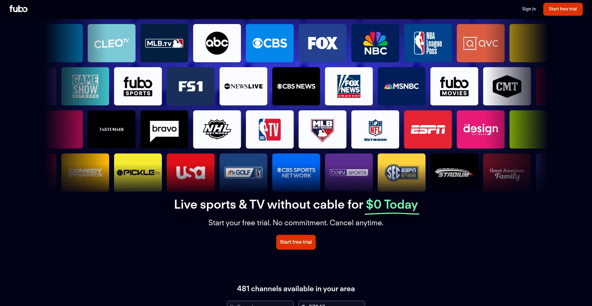 Website screenshot of Fubo.tv