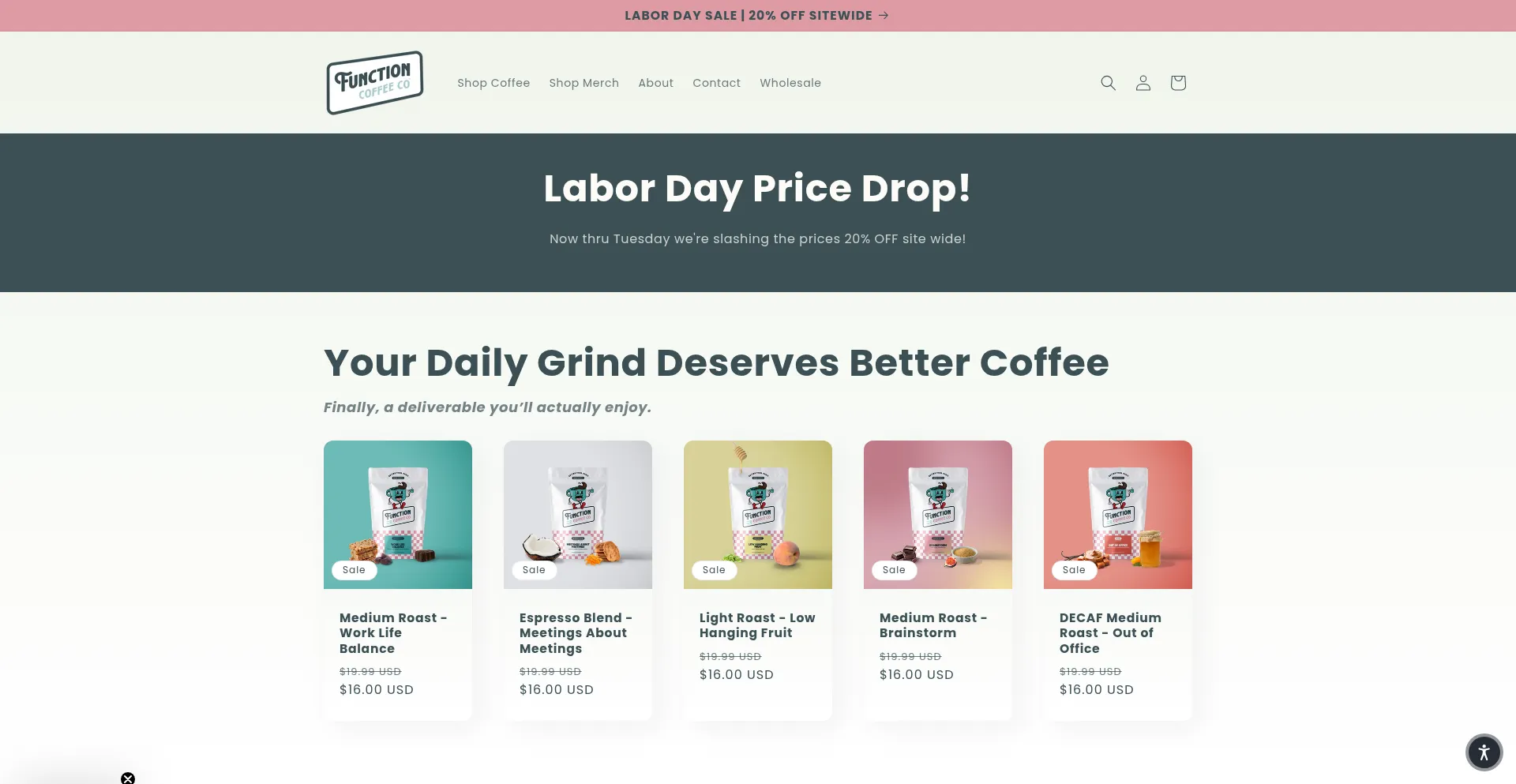 Website screenshot of Functioncoffeeco.com