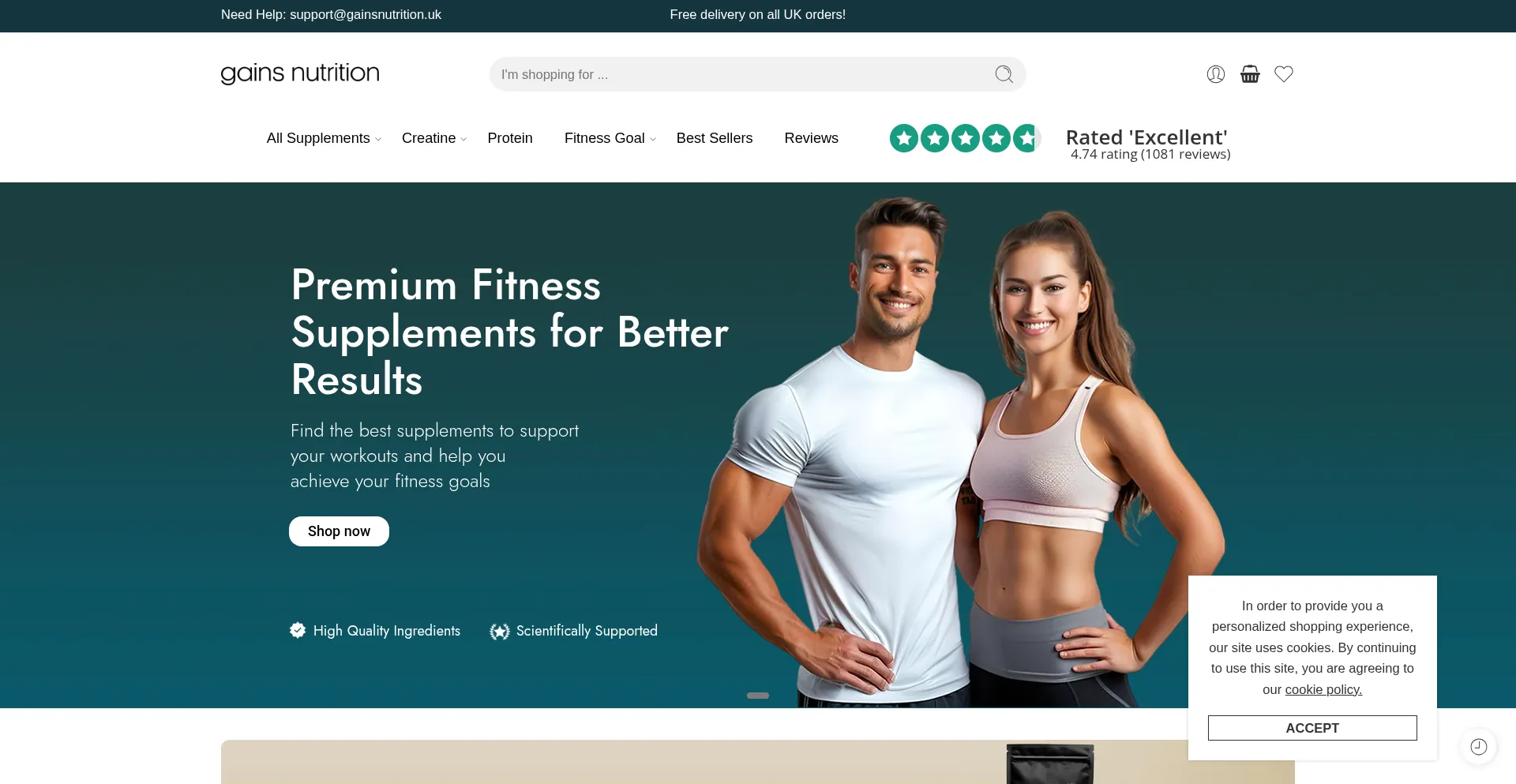 Website screenshot of Gainsnutrition.uk