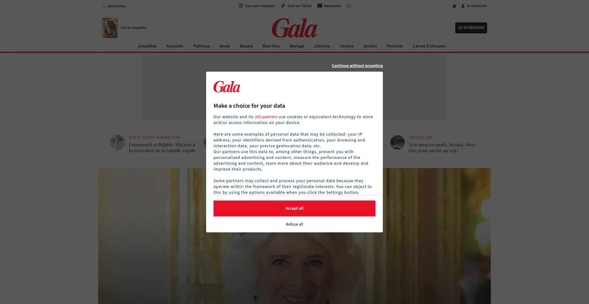 Website screenshot of Gala.fr