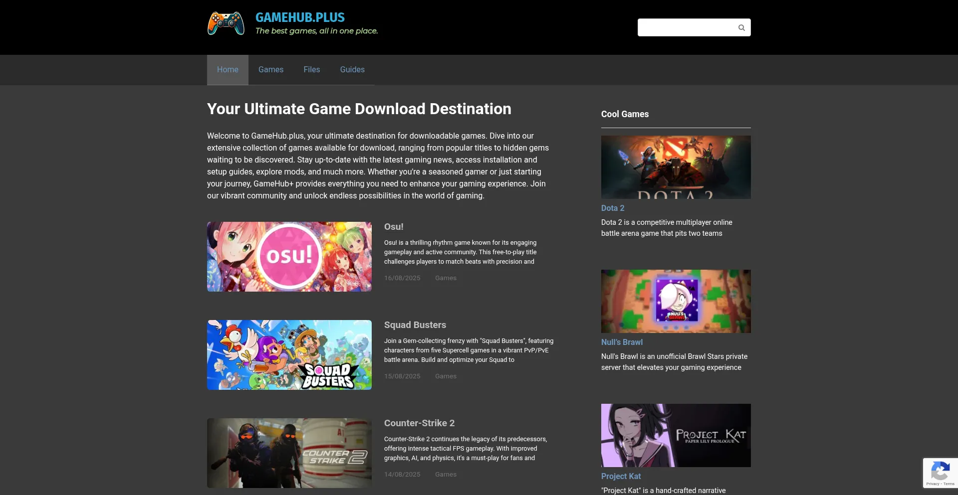 Website screenshot of Gamehub.plus