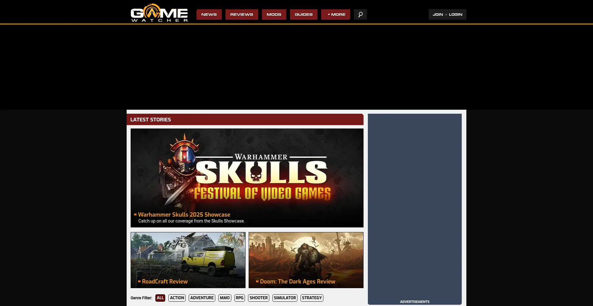 Website screenshot of Gamewatcher.com