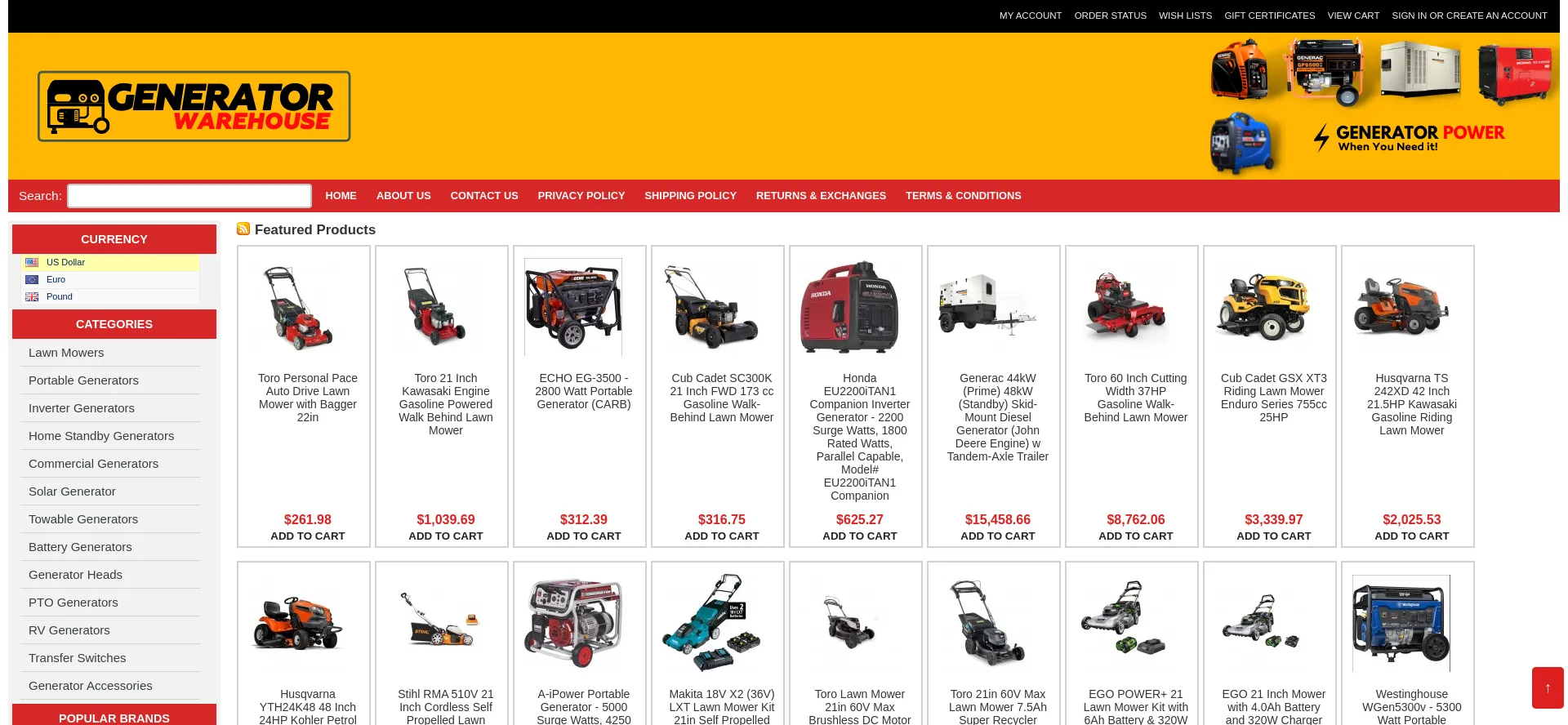 Website screenshot of Generator-warehouse.com