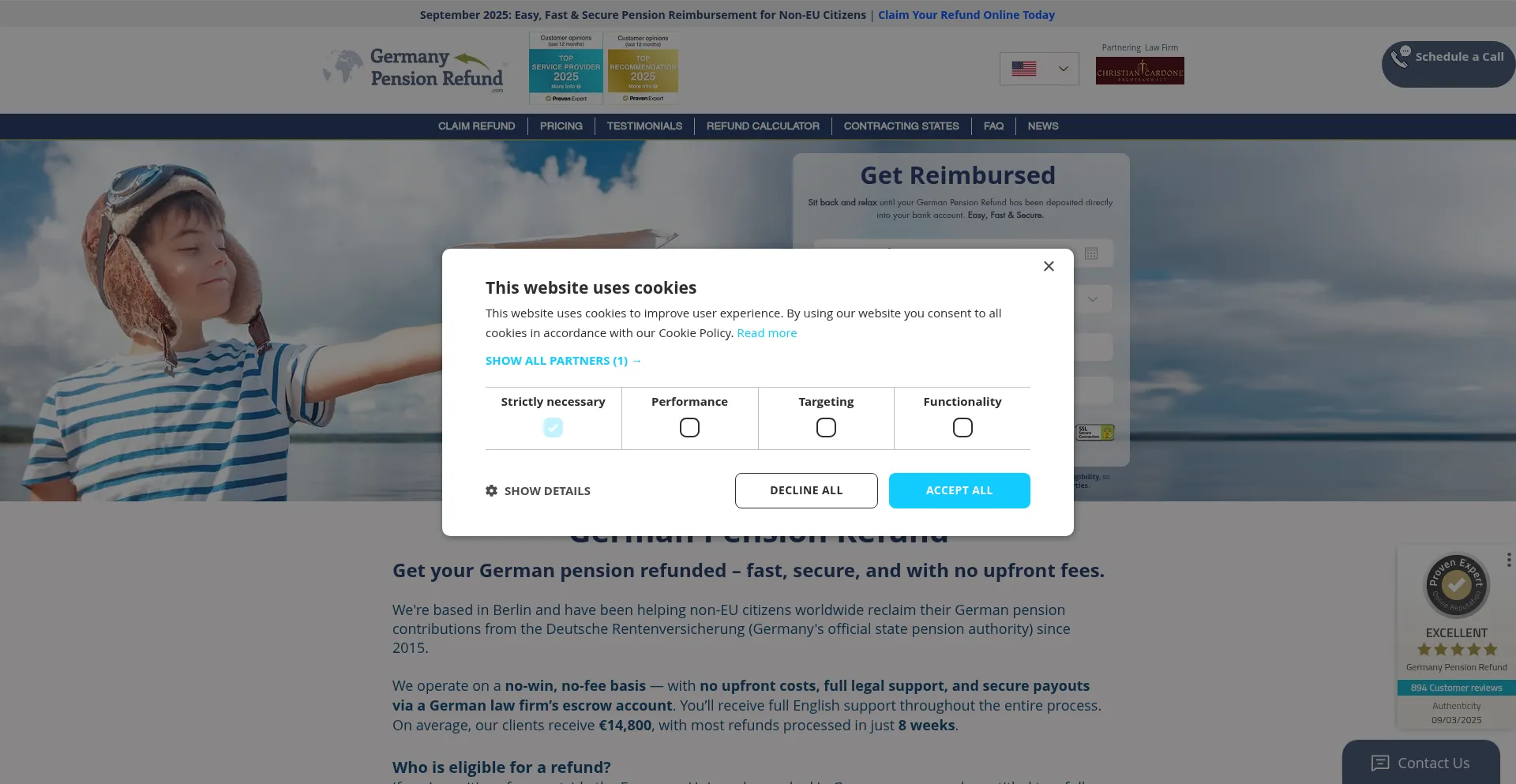 Website screenshot of Germanypensionrefund.com