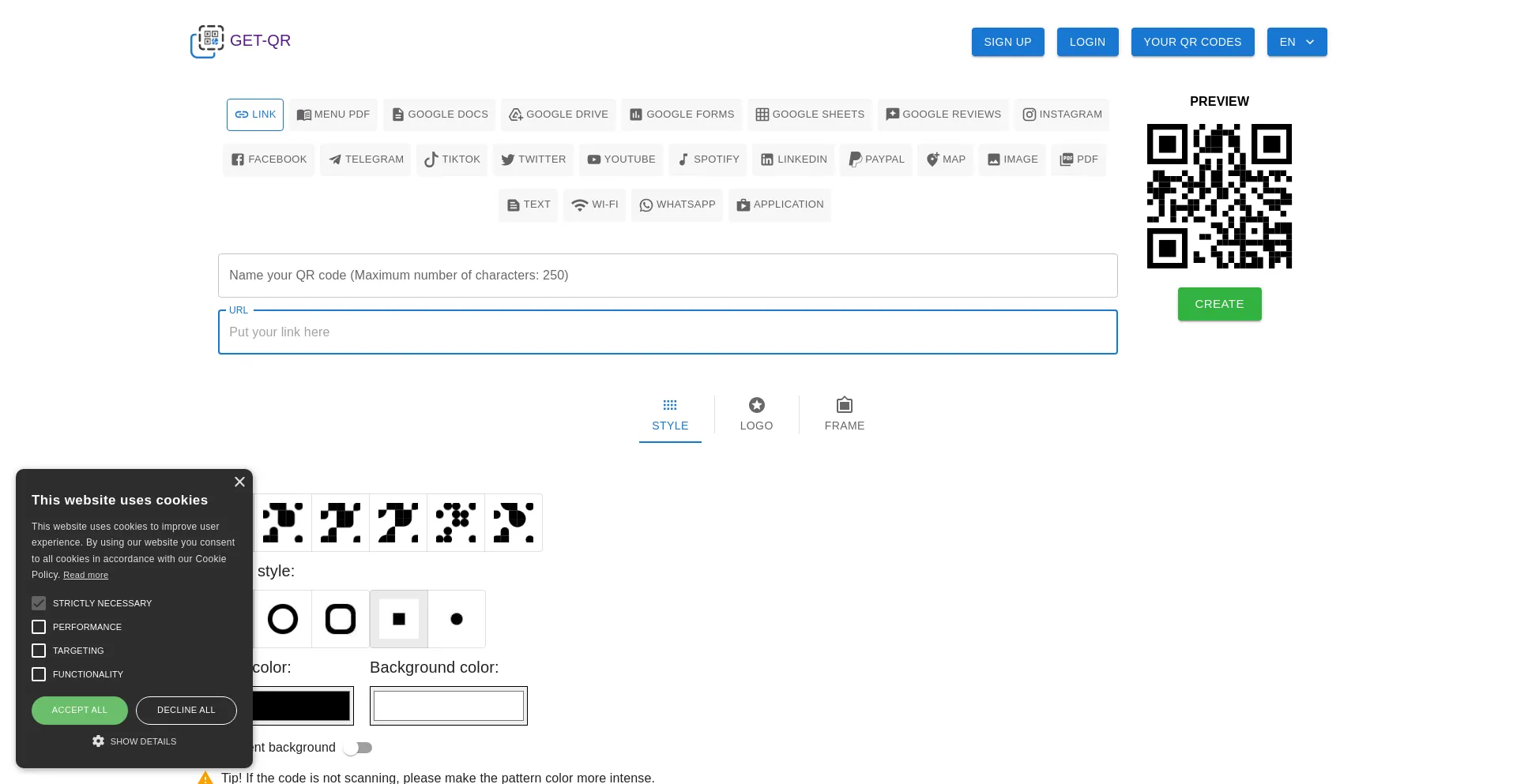Website screenshot of Get-qr.com