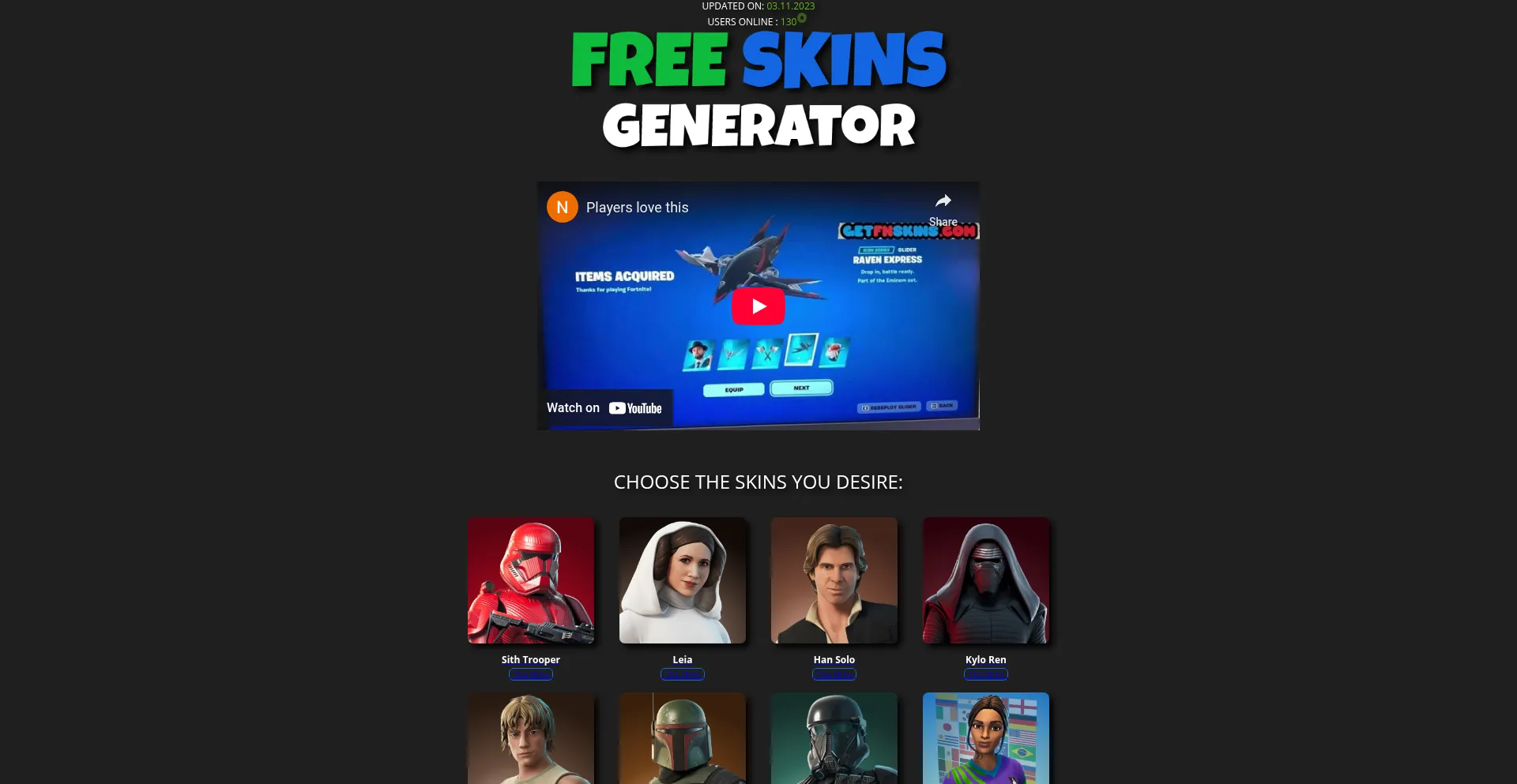 Website screenshot of Getfnskins.com
