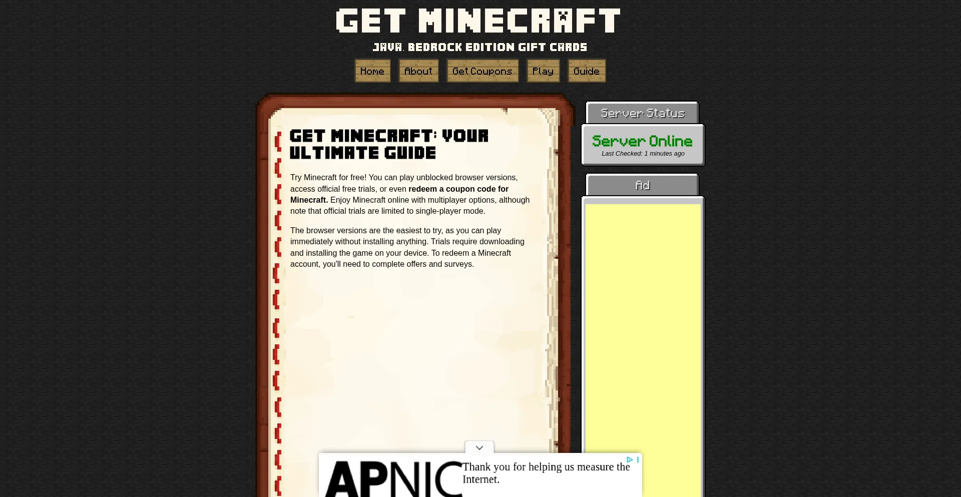 Website screenshot of Getminecraft.net