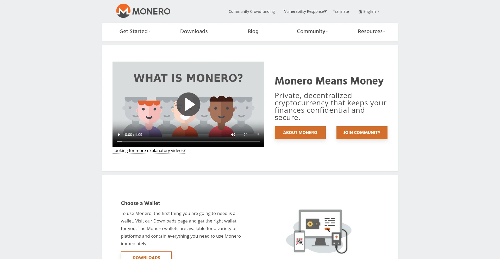 Website screenshot of Getmonero.org