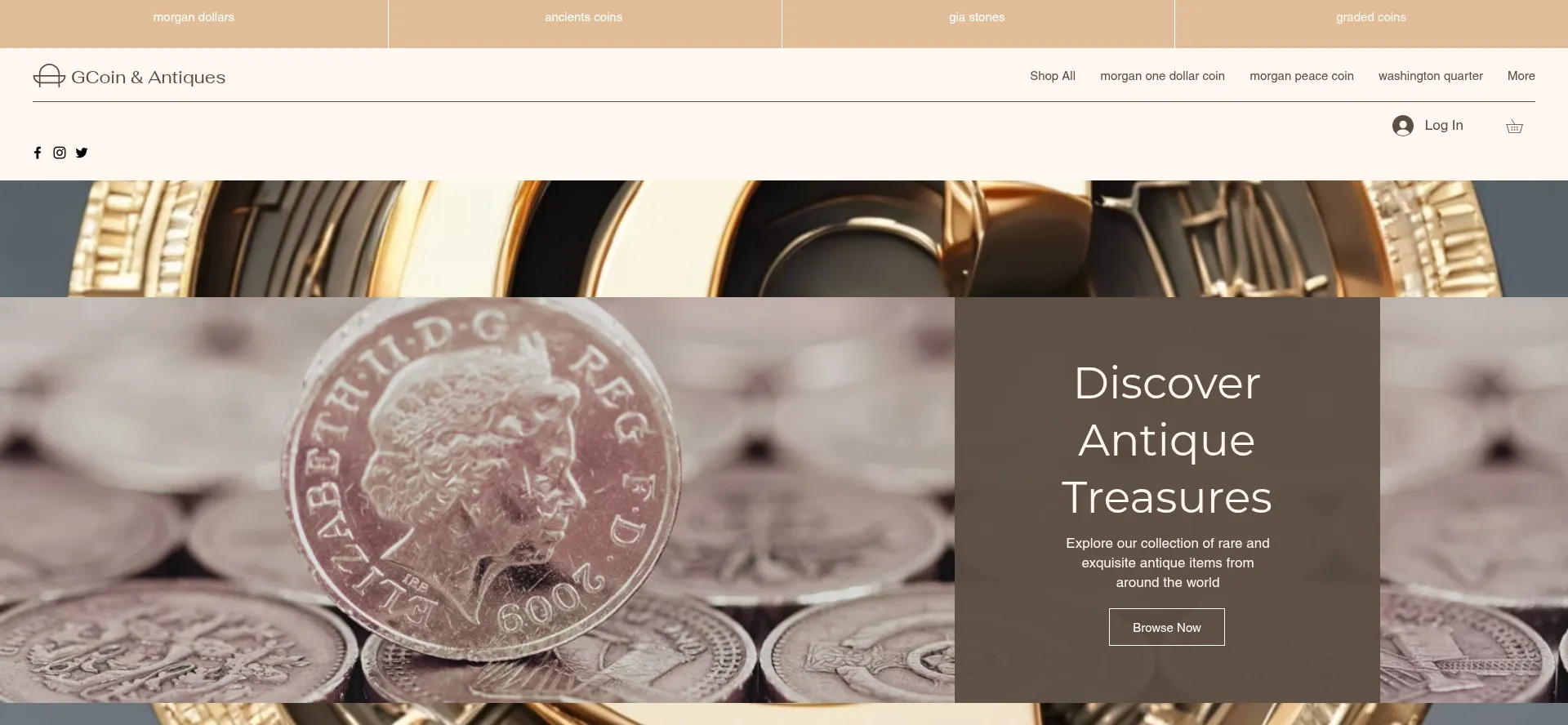 Website screenshot of Ghaziscoinsantiques.com
