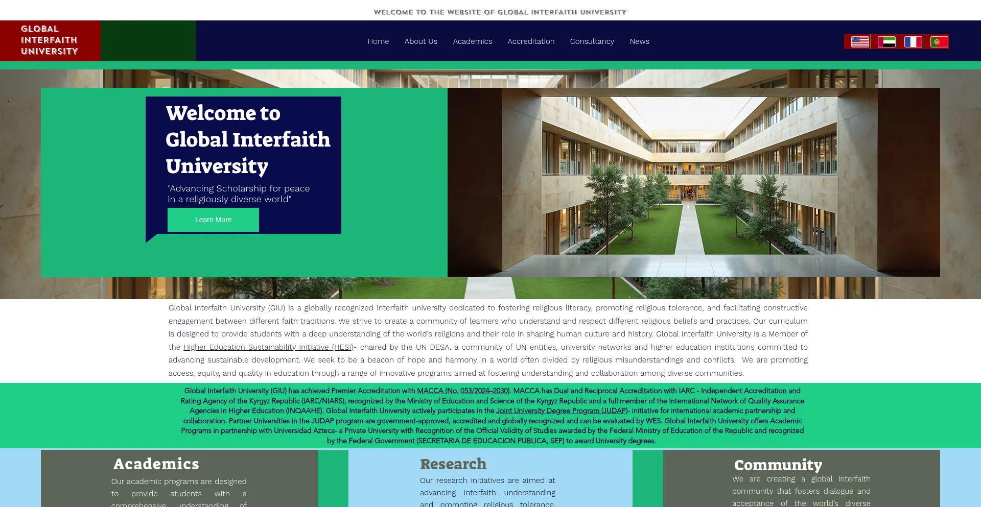 Website screenshot of Globalinterfaithuniversity.net