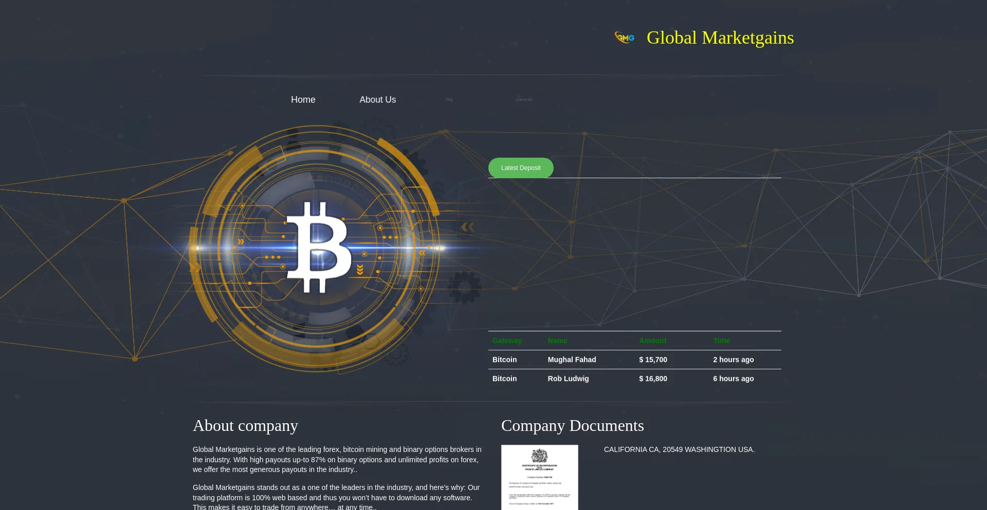 Website screenshot of Globalmarketgains.net