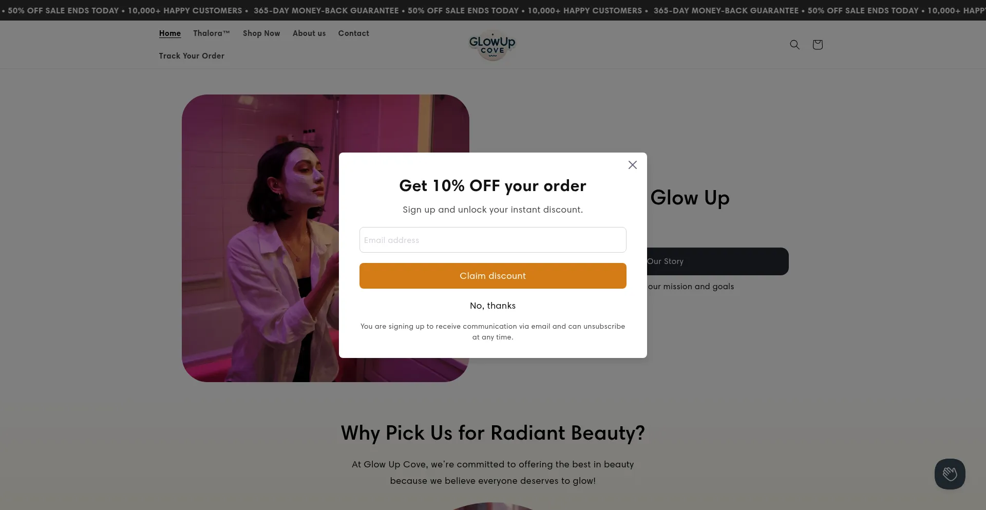 Website screenshot of Glowupcove.com