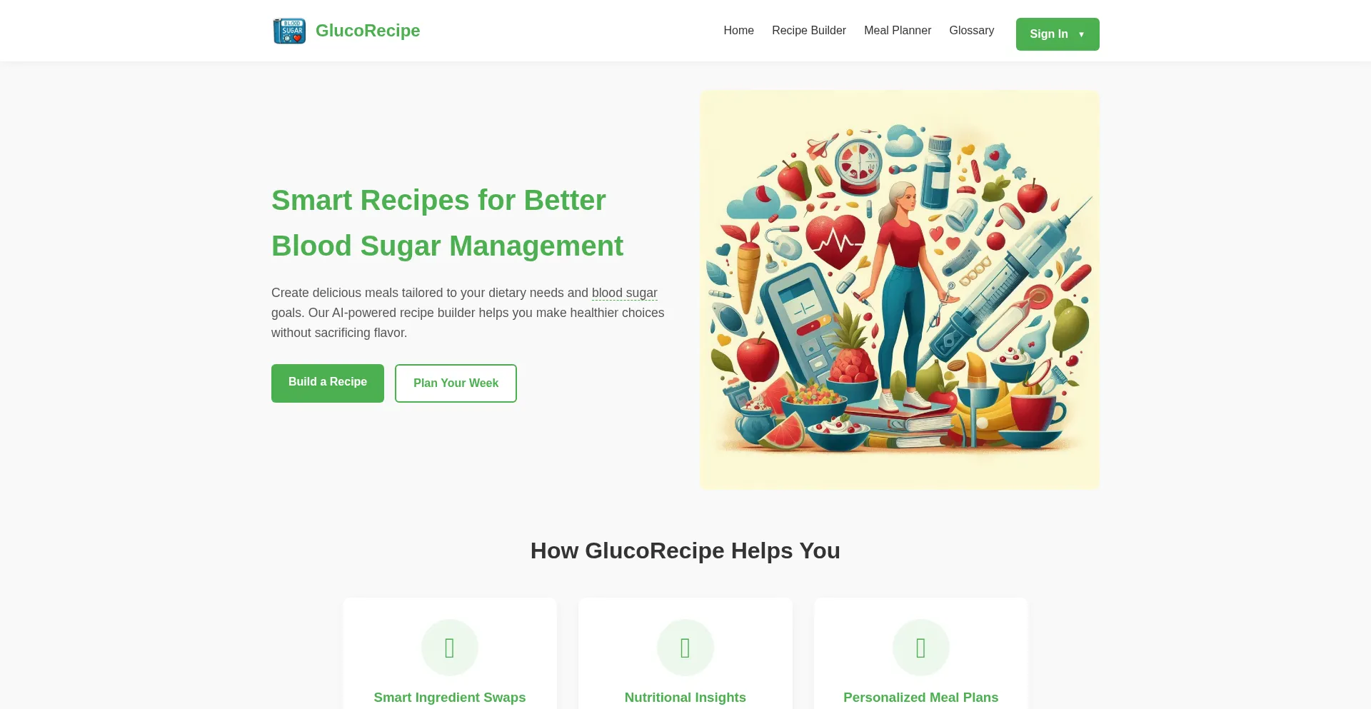 Website screenshot of Glucorecipe.com