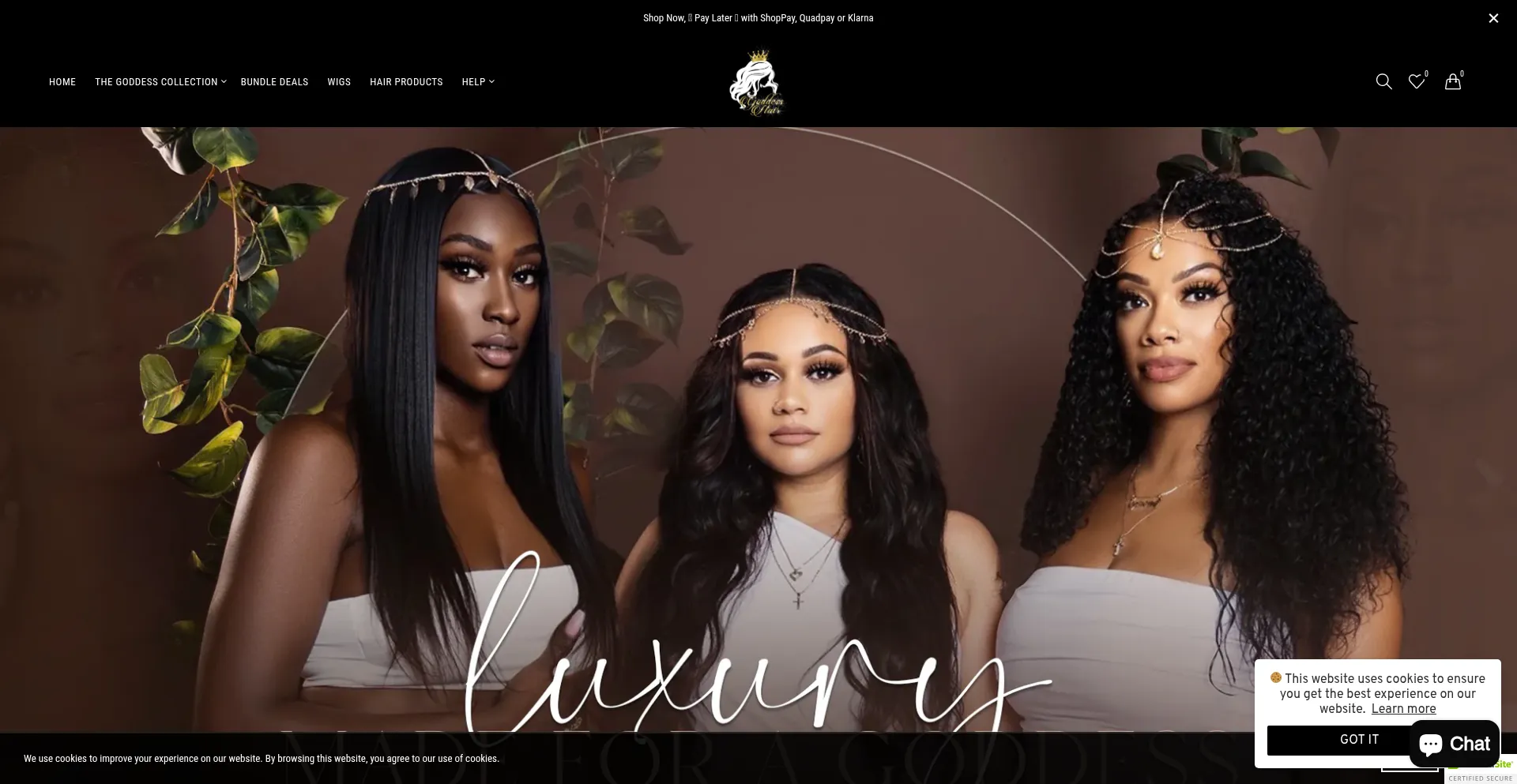Website screenshot of Goddesshairshop.com