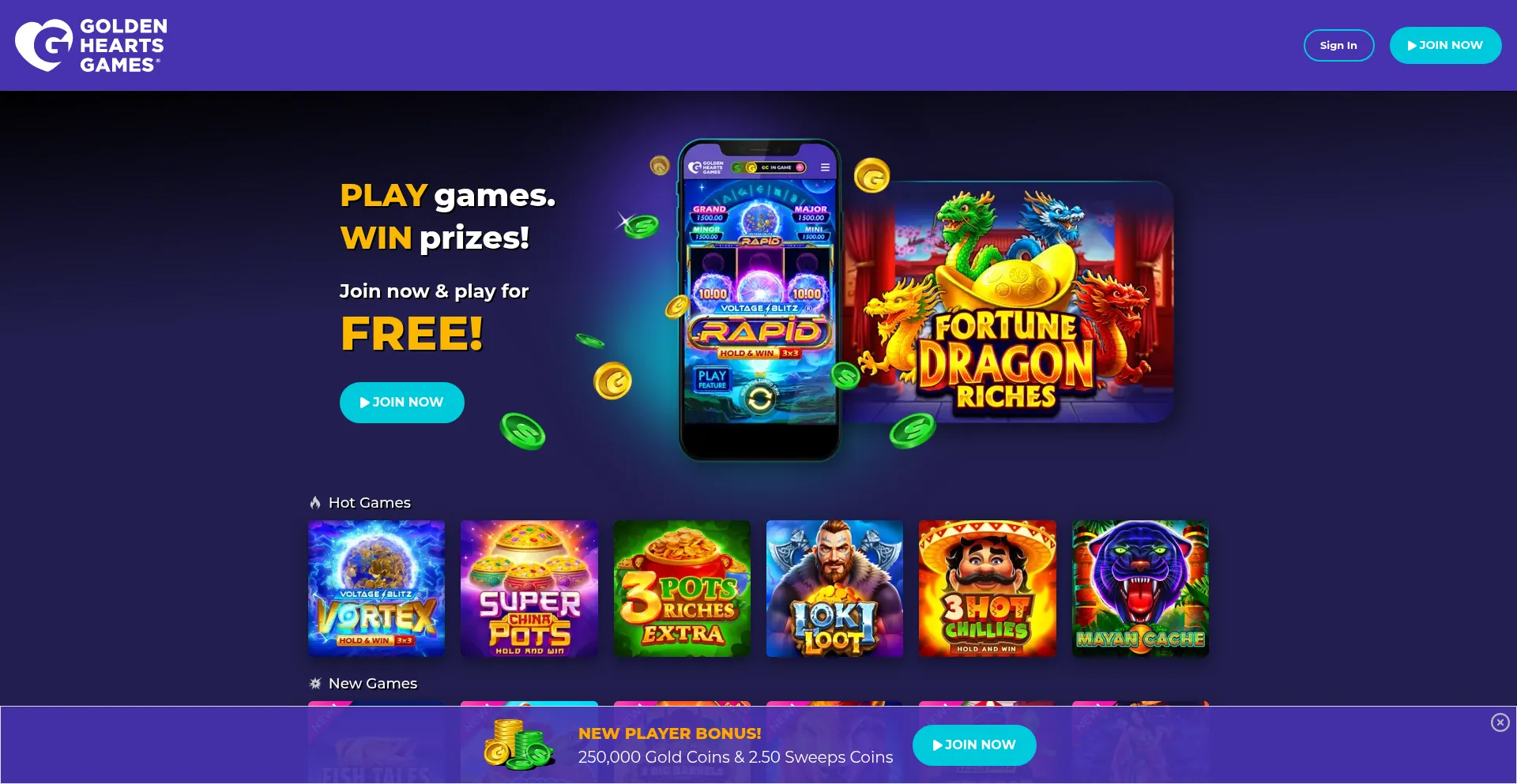Website screenshot of Goldenheartsgames.com