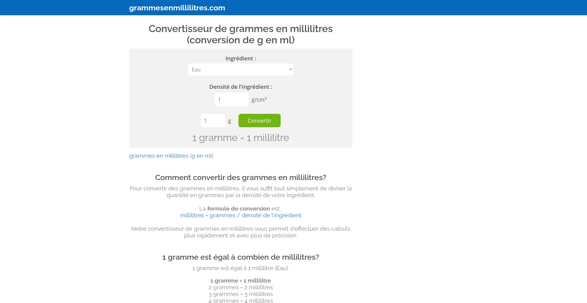 Website screenshot of Grammesenmillilitres.com