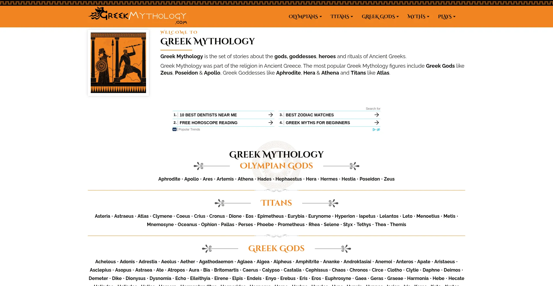 Website screenshot of Greekmythology.com