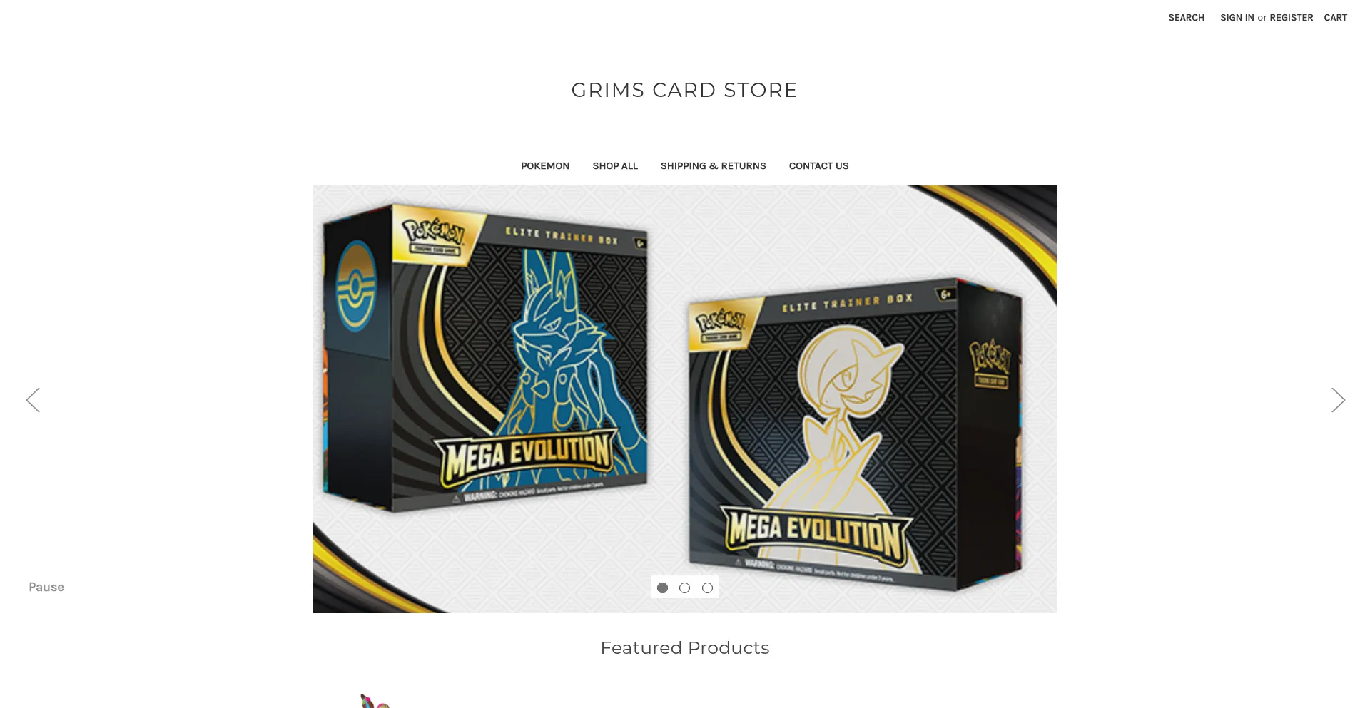 Website screenshot of Grimscardstore.com