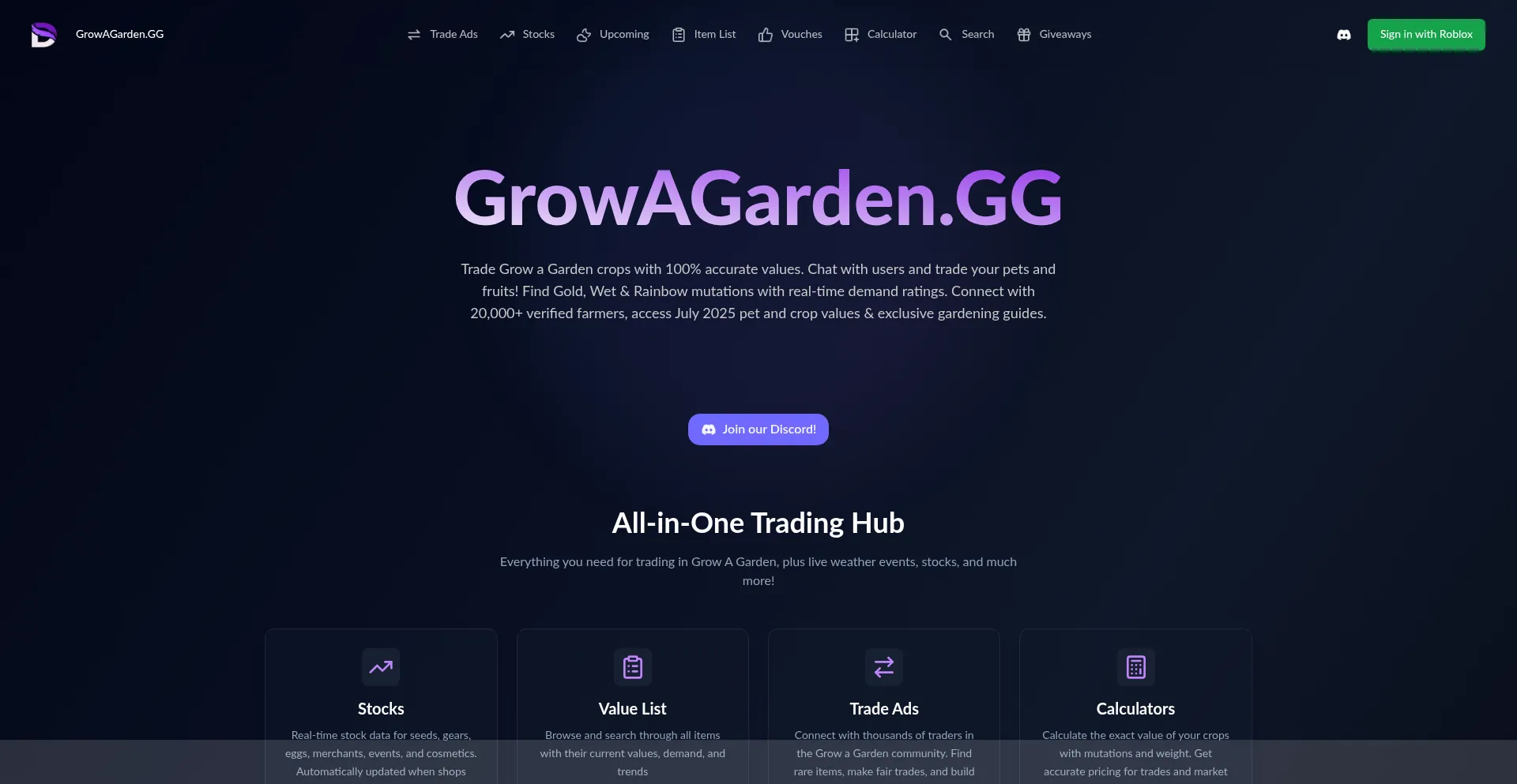 Website screenshot of Growagarden.gg