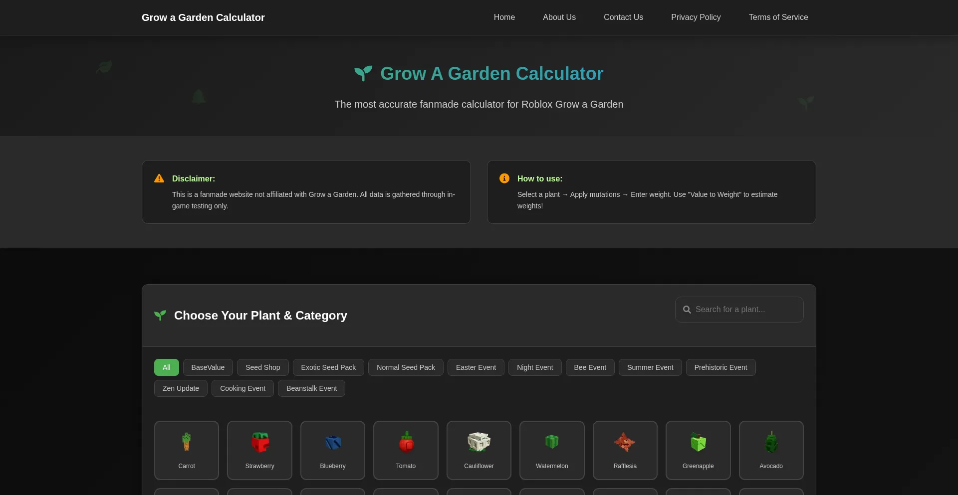 Website screenshot of Growagardencalculatoronline.com