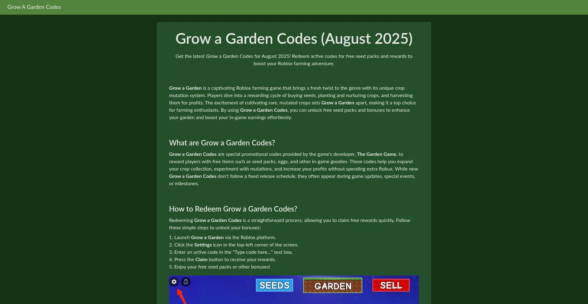 Website screenshot of Growagardencodes.com