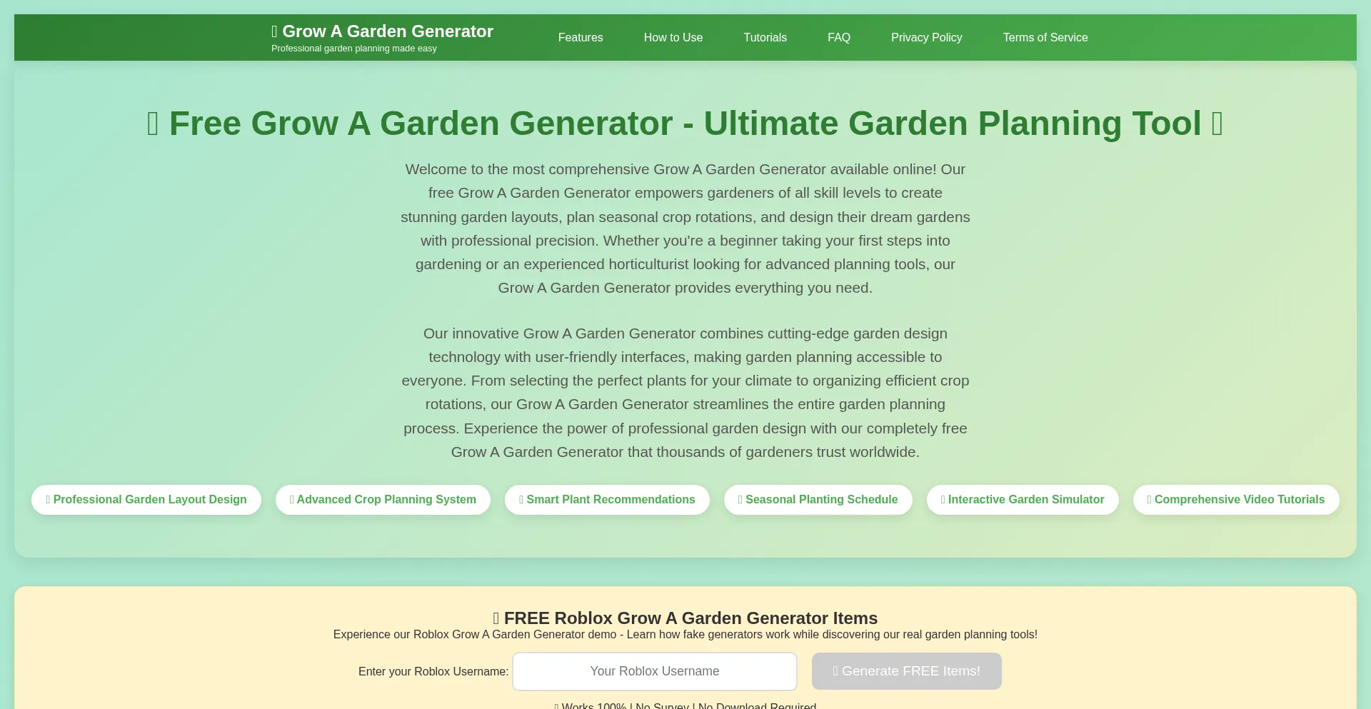 Website screenshot of Growagardengenerator.org
