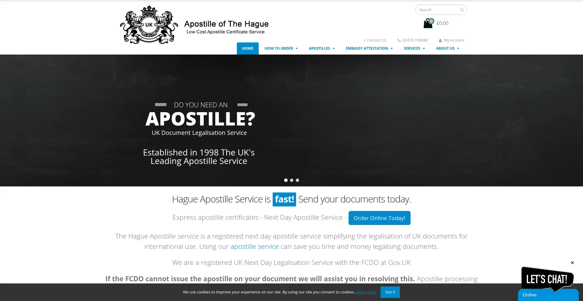 Website screenshot of Hagueapostille.co.uk