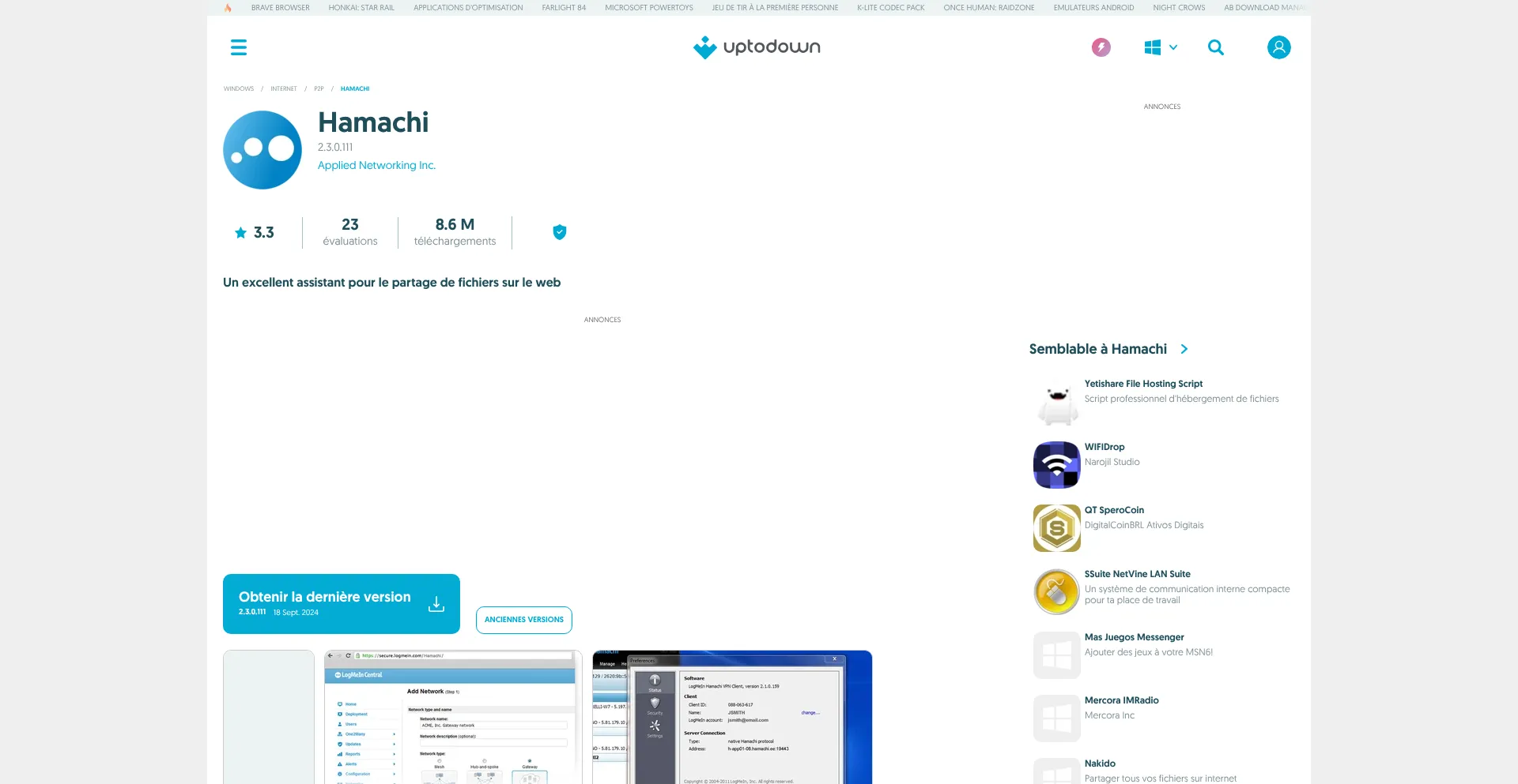 Website screenshot of Hamachi.fr.uptodown.com