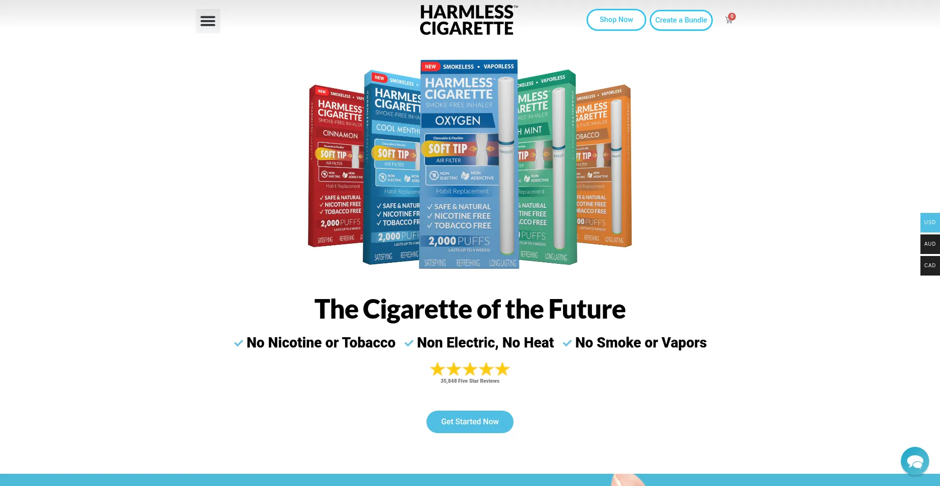 Website screenshot of Harmlesscigarette.com