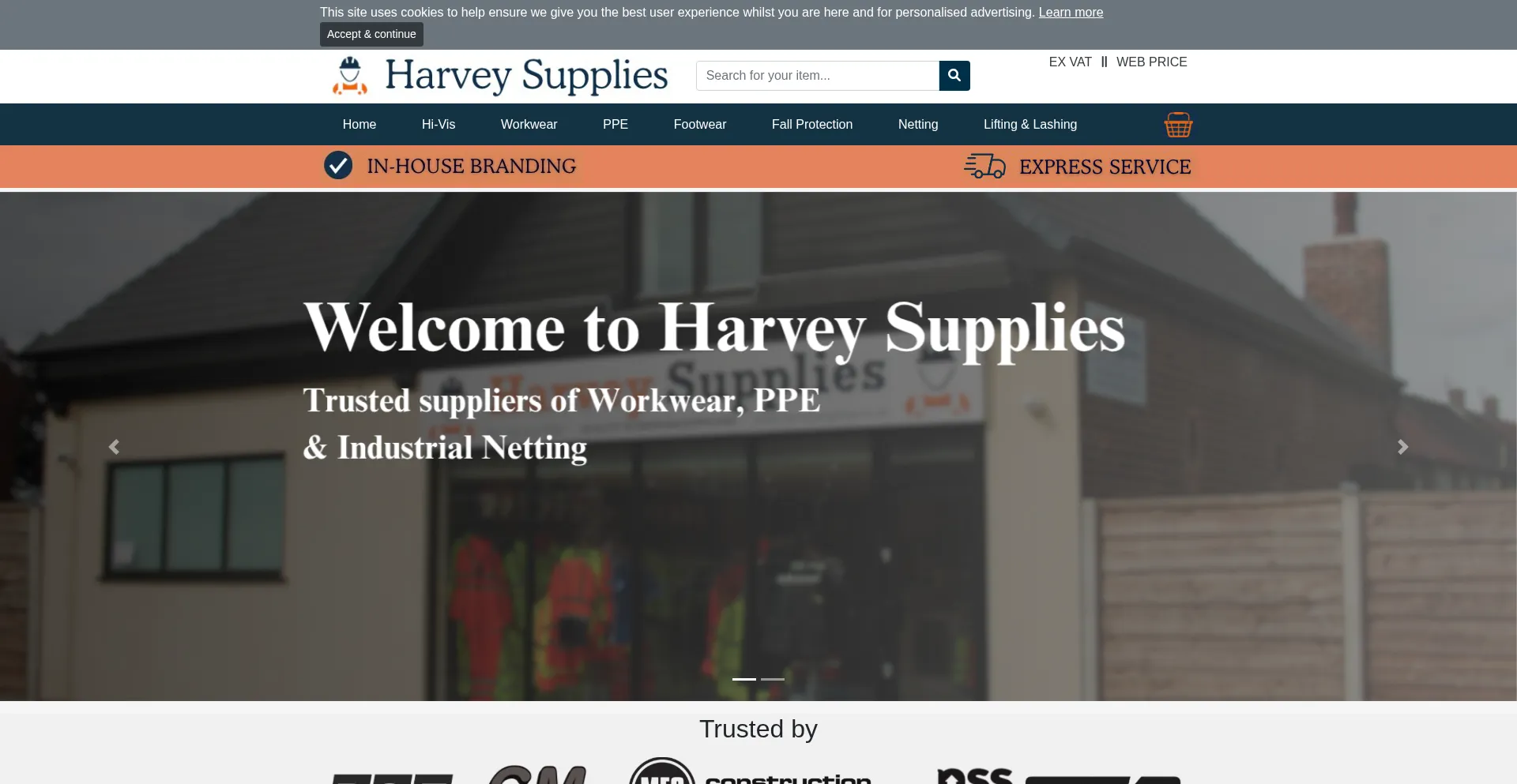 Website screenshot of Harveysupplies.co.uk