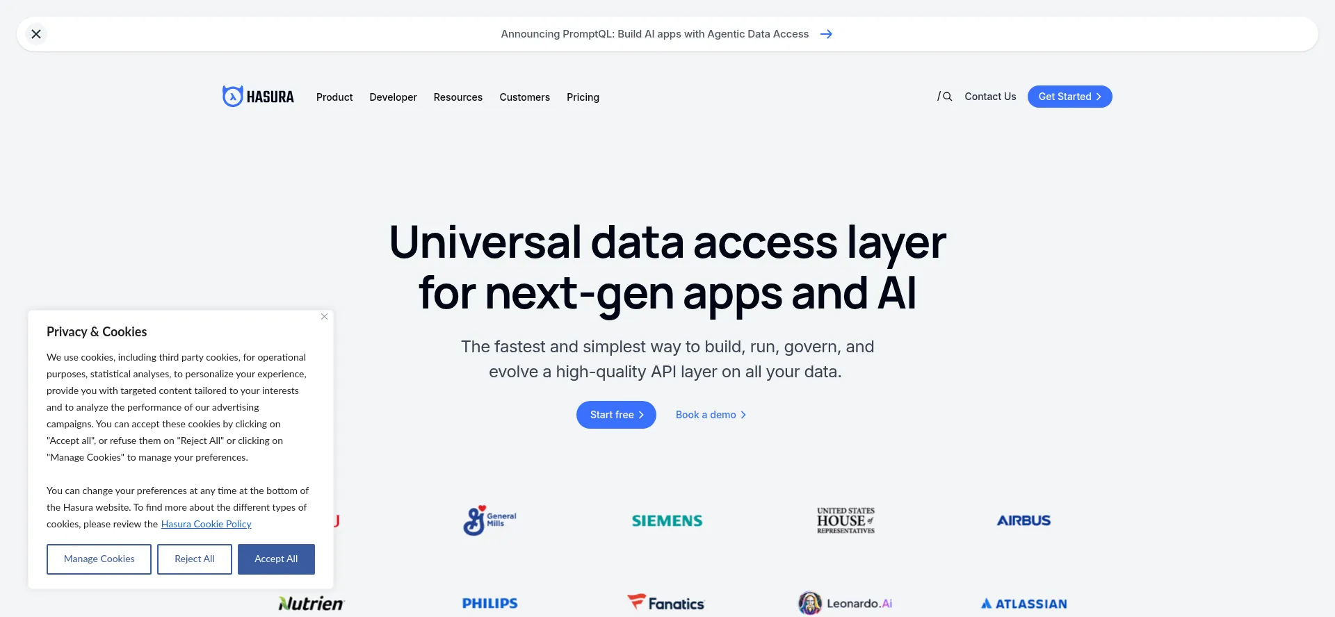 Website screenshot of Hasura.io