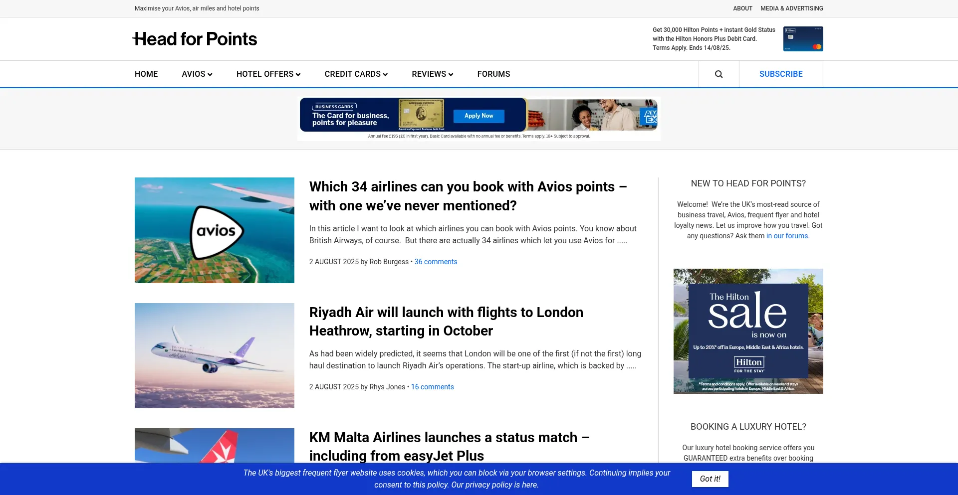 Website screenshot of Headforpoints.com