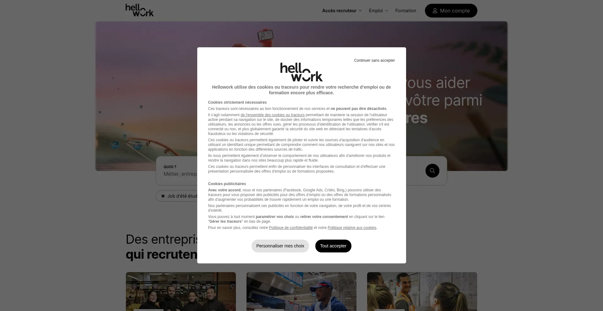 Website screenshot of Hellowork.com