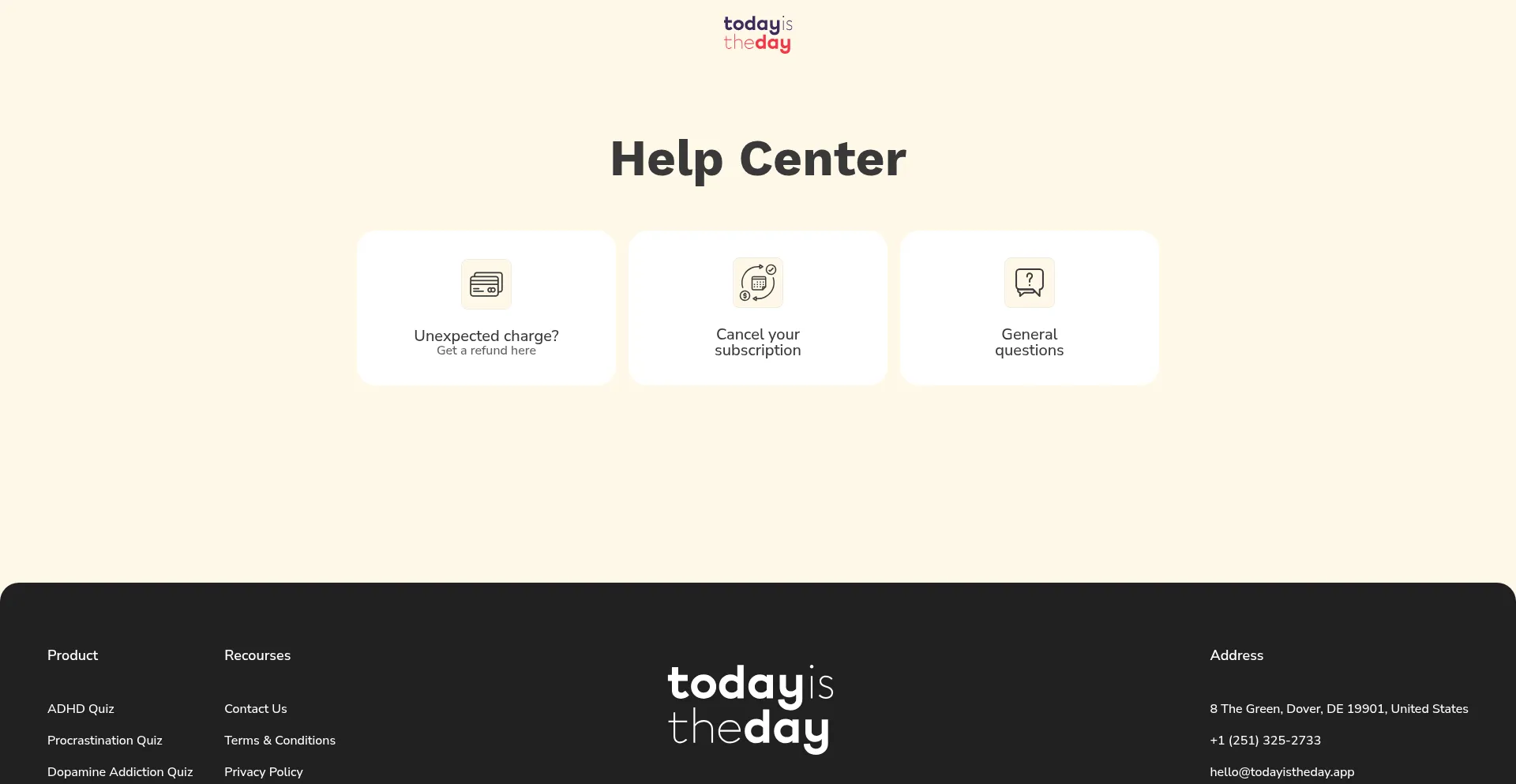 Website screenshot of Help.todayistheday.app