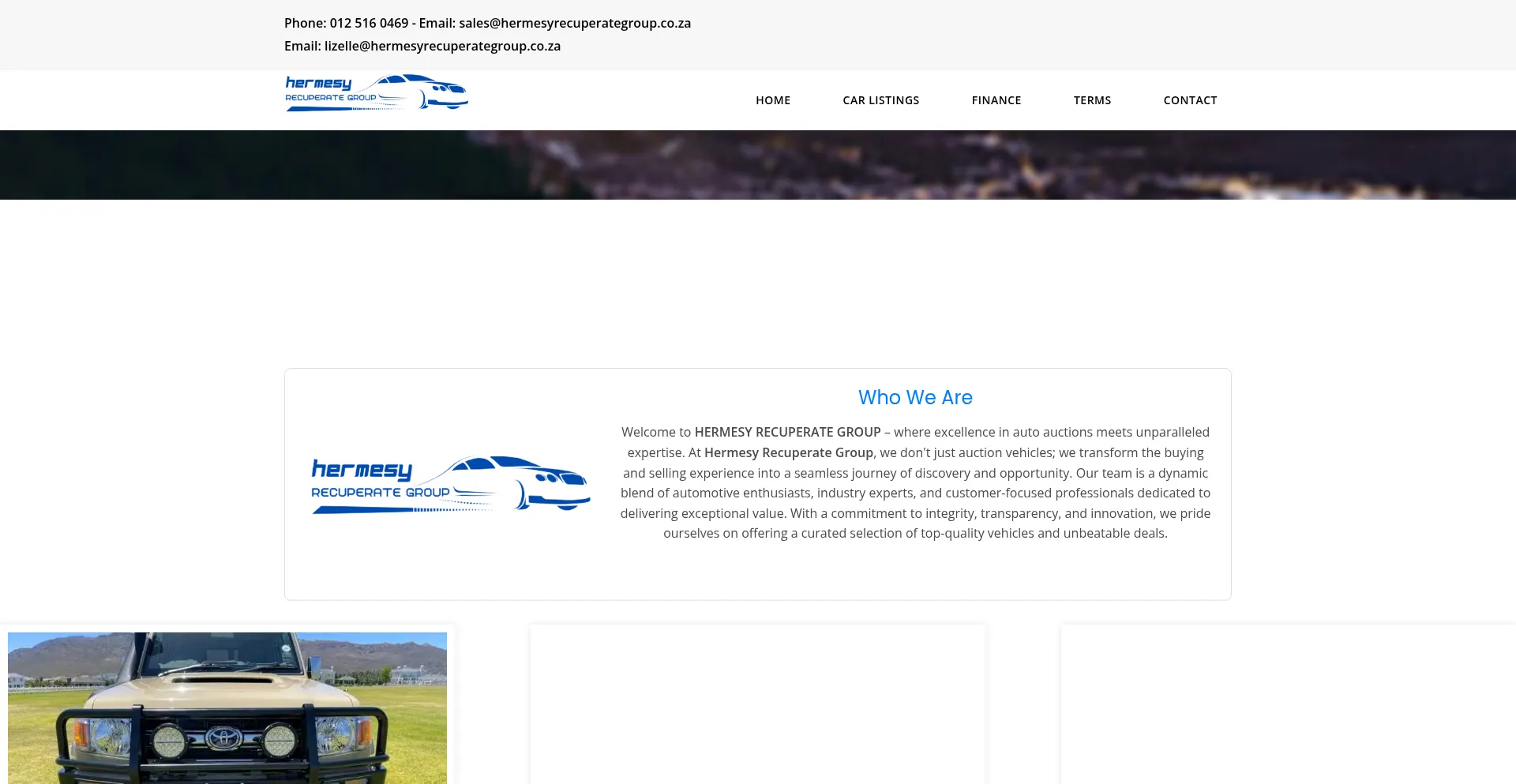 Website screenshot of Hermesyrecuperategroup.co.za