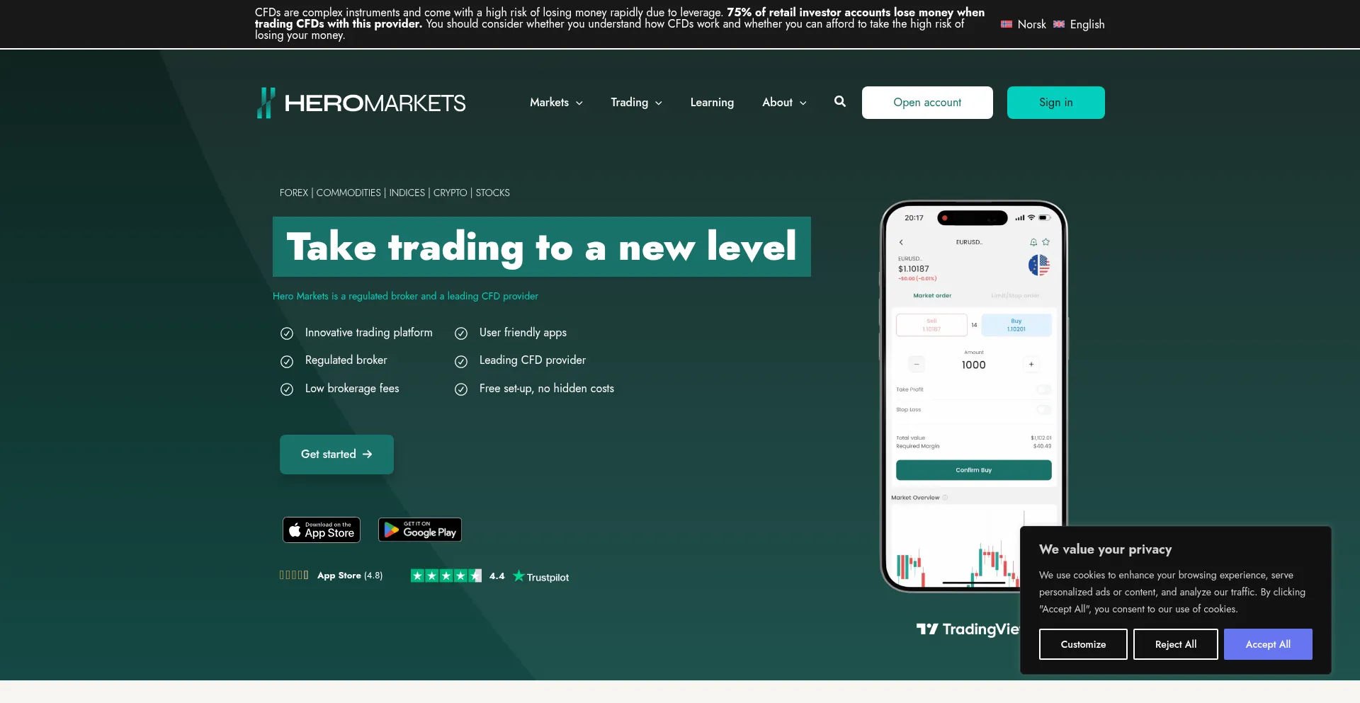 Website screenshot of Heromarkets.no