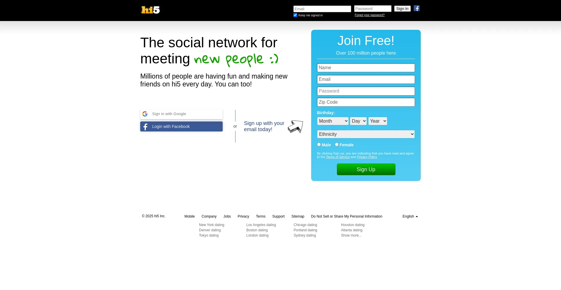 Website screenshot of Hi5.com