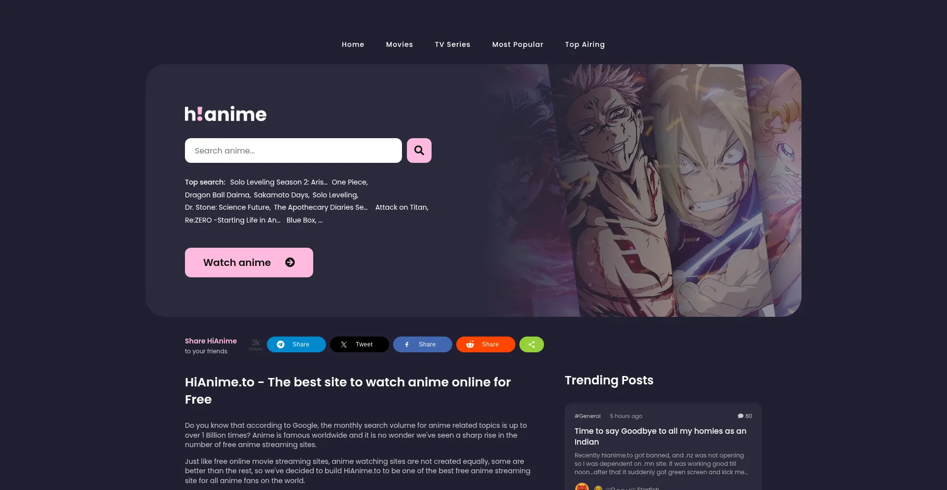 Website screenshot of Hianime.sx