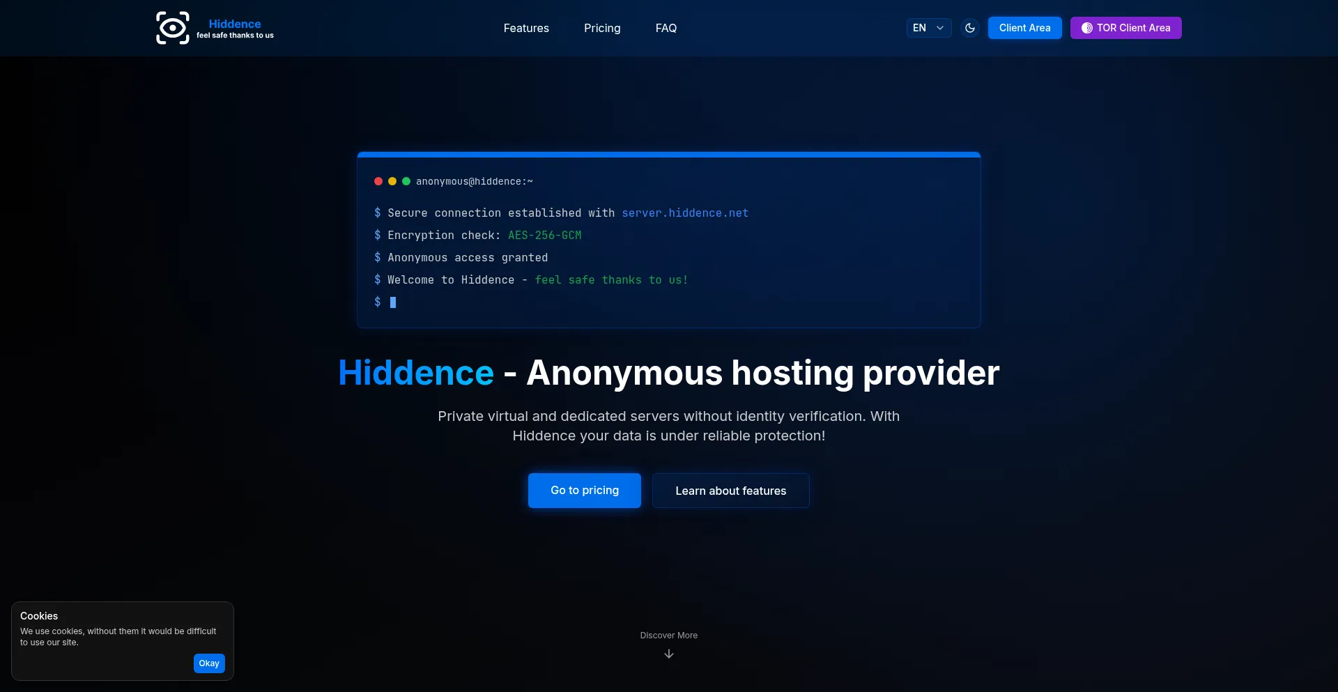 Website screenshot of Hiddence.net