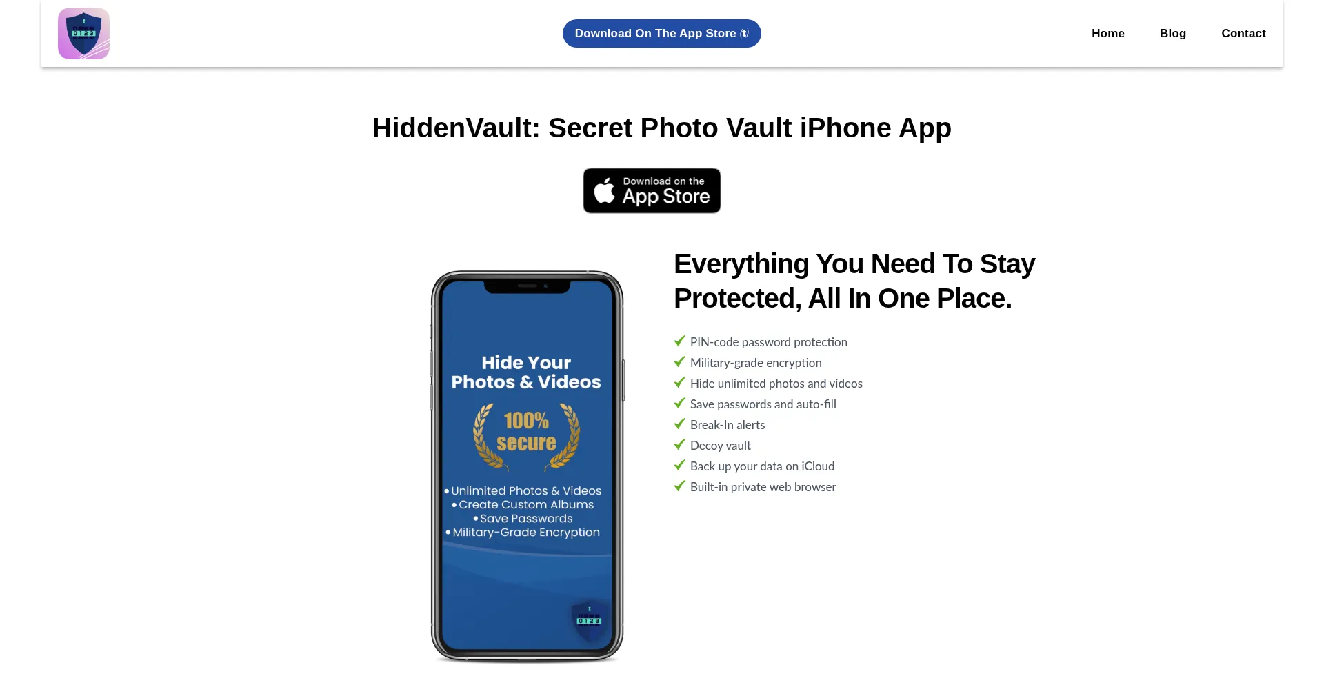 Website screenshot of Hiddenvaultapp.com