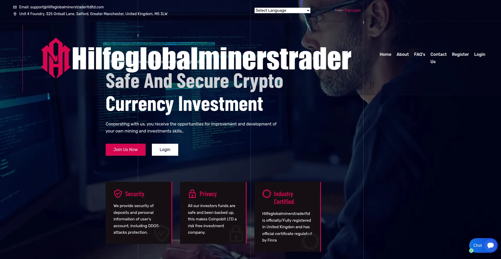 Website screenshot of Hilfeglobalminerstraderltd.com