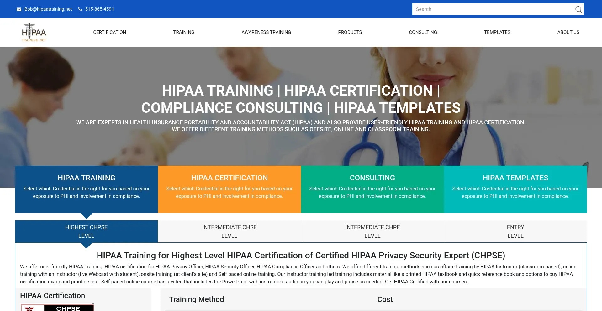 Website screenshot of Hipaatraining.net
