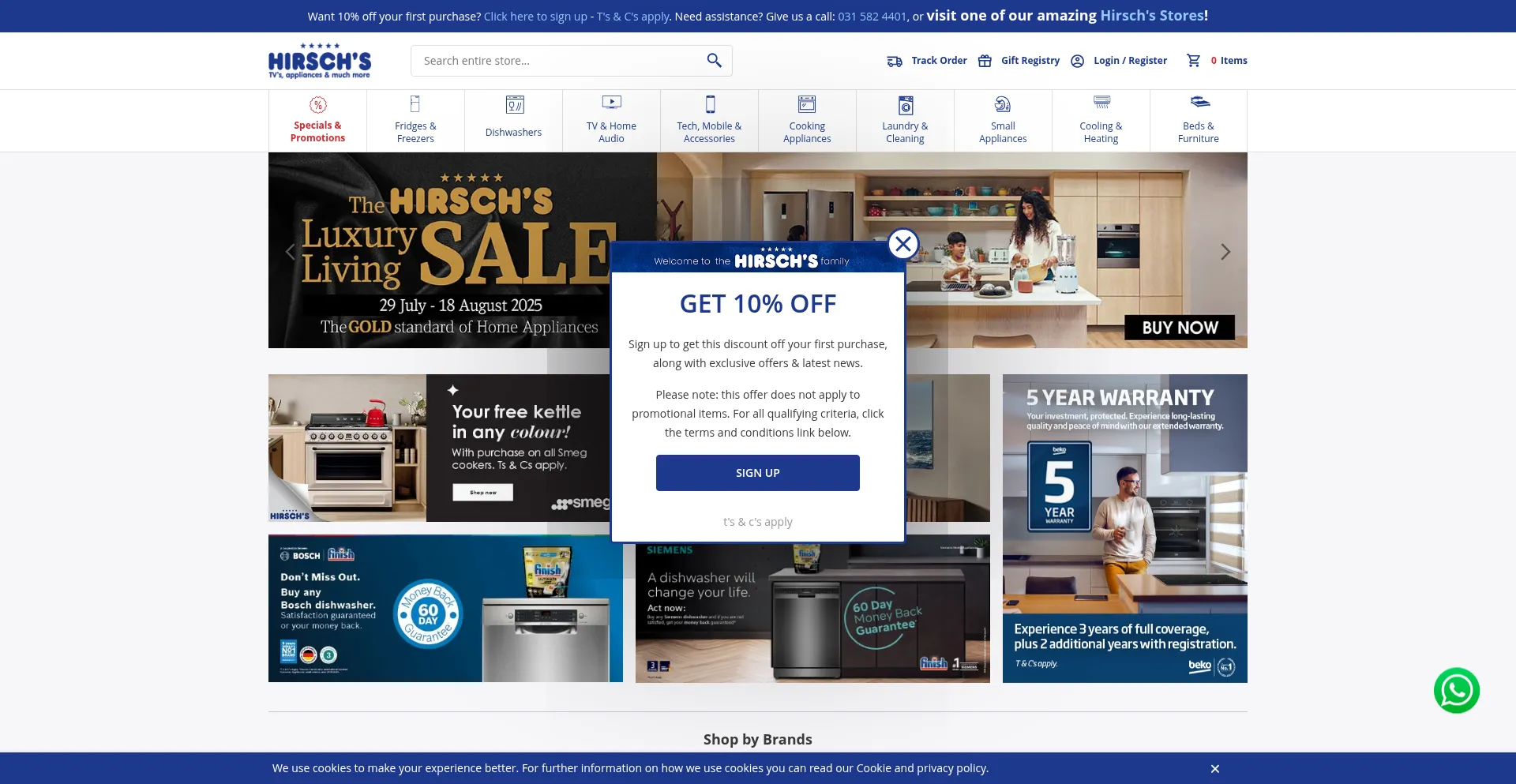 Website screenshot of Hirschs.co.za