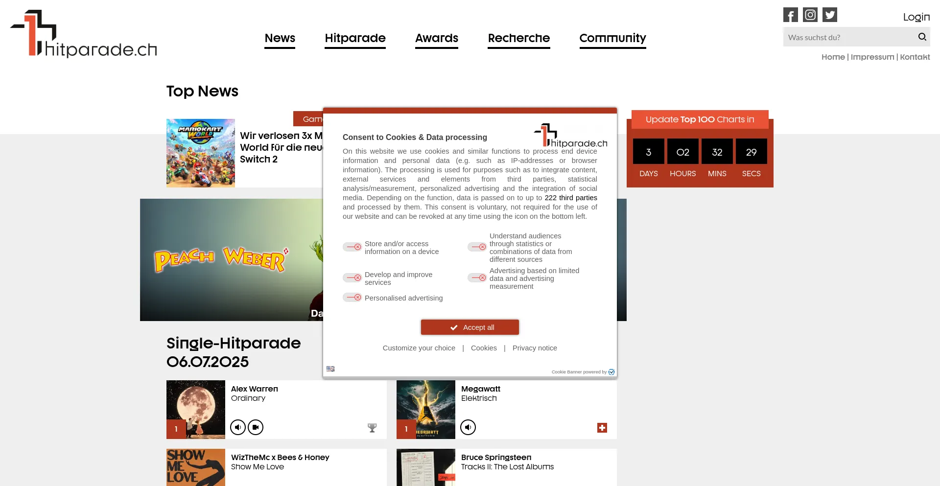 Website screenshot of Hitparade.ch