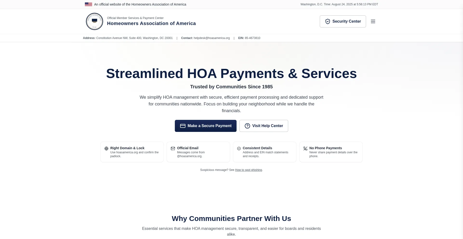 Website screenshot of Hoasamerica.org