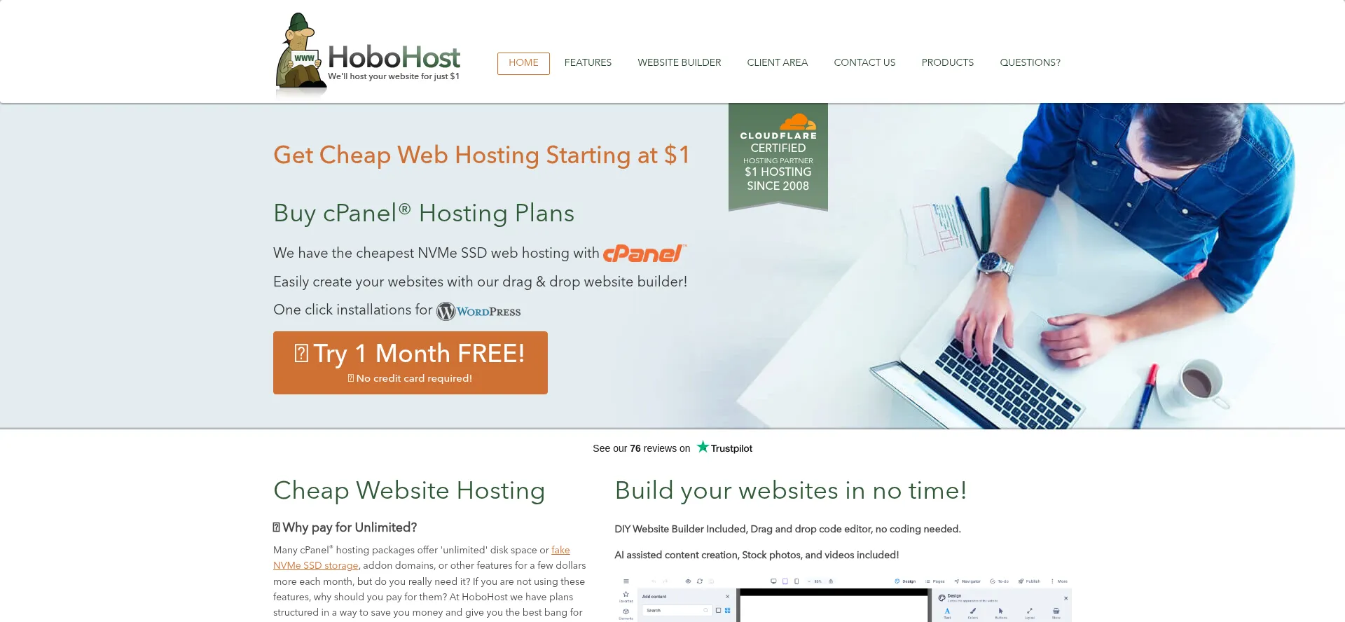 Website screenshot of Hobohost.com