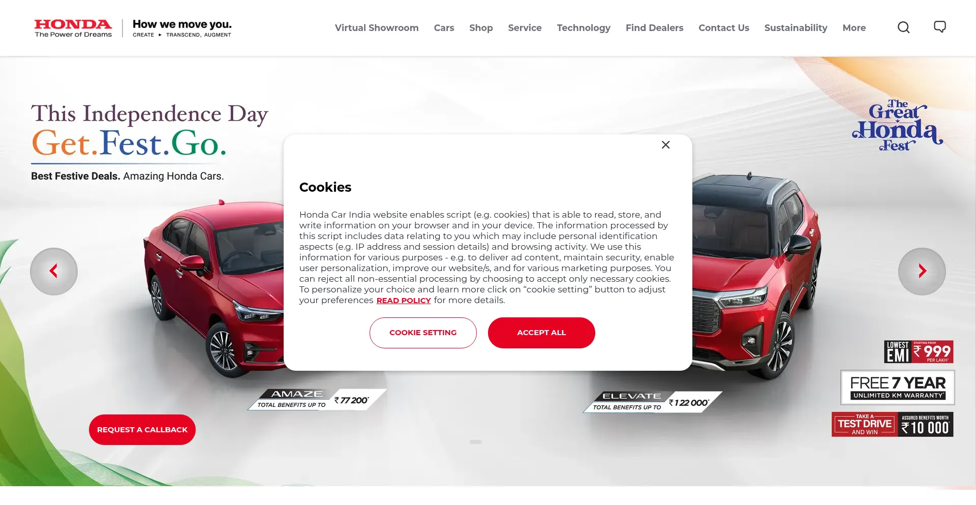 Website screenshot of Hondacarindia.com